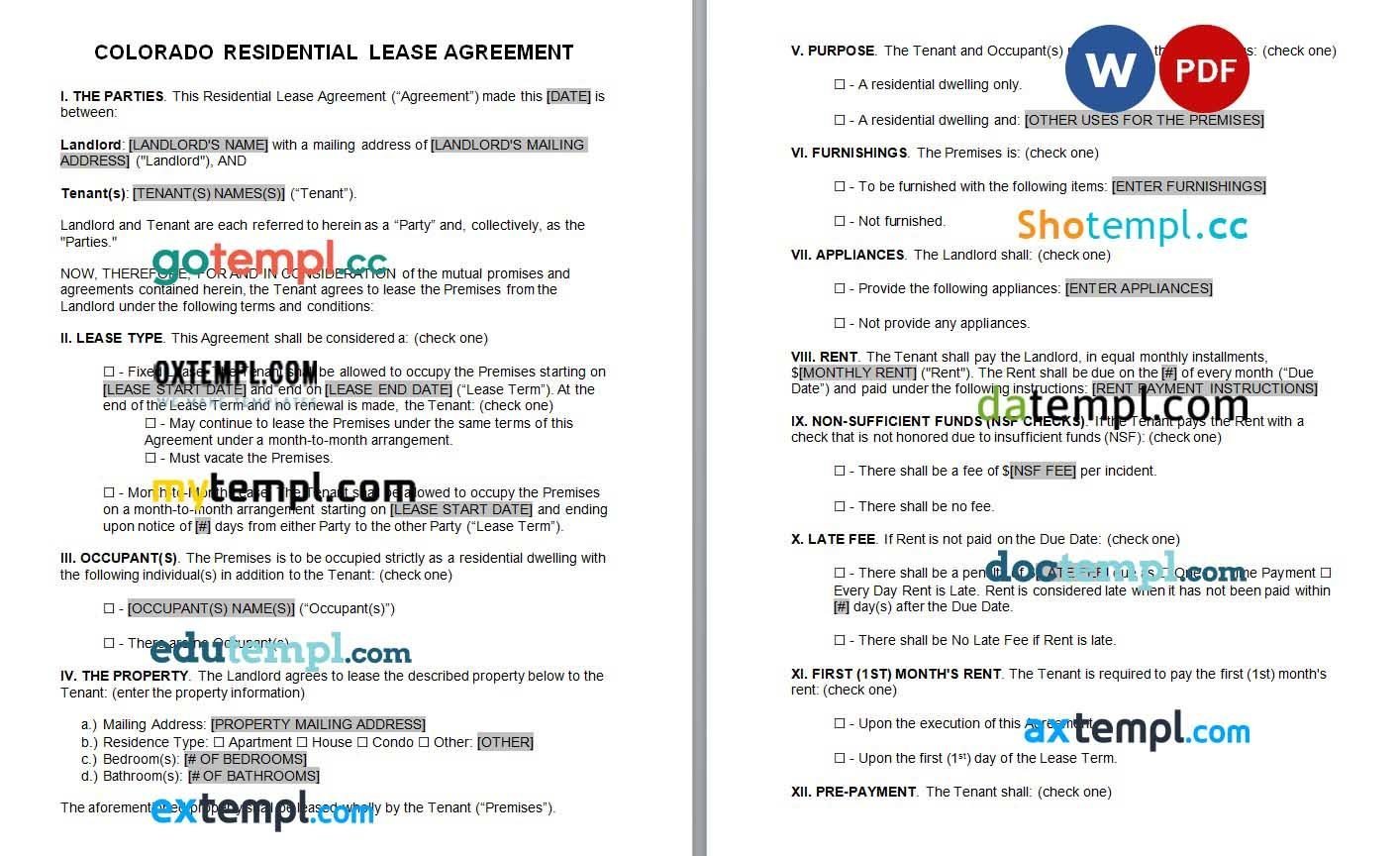 Colorado Standard Lease Agreement Word example, fully editable