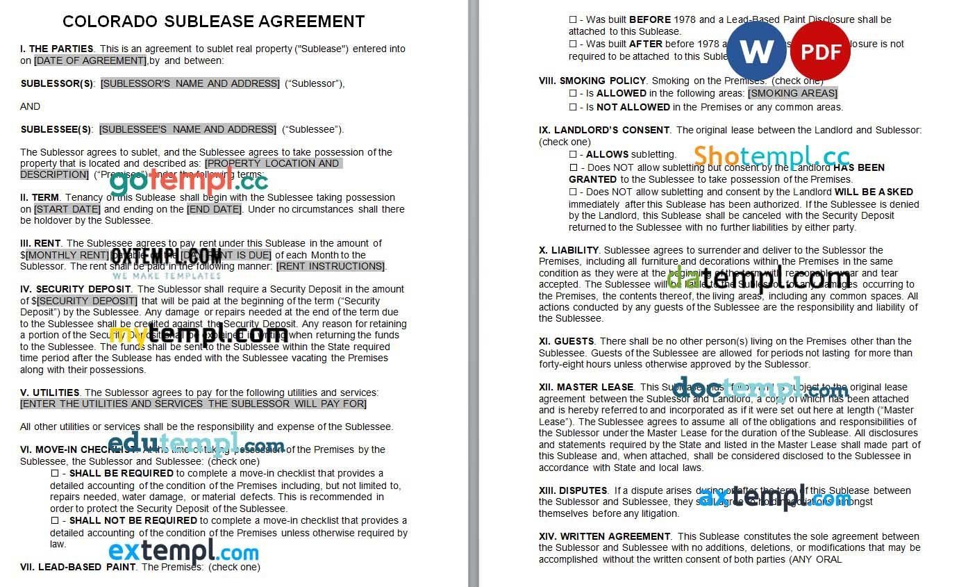 Colorado Sublease Agreement Word example, fully editable