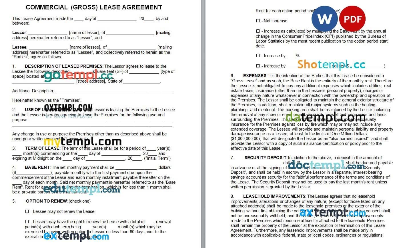 Commercial Gross Lease Agreement Word example, fully editable
