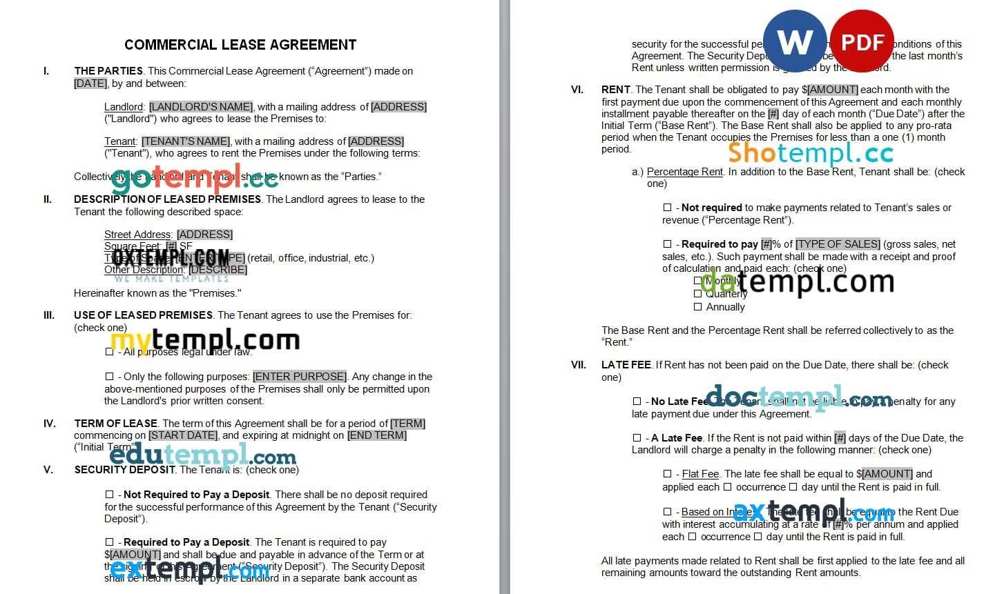 Commercial Lease Agreement Word example, fully editable
