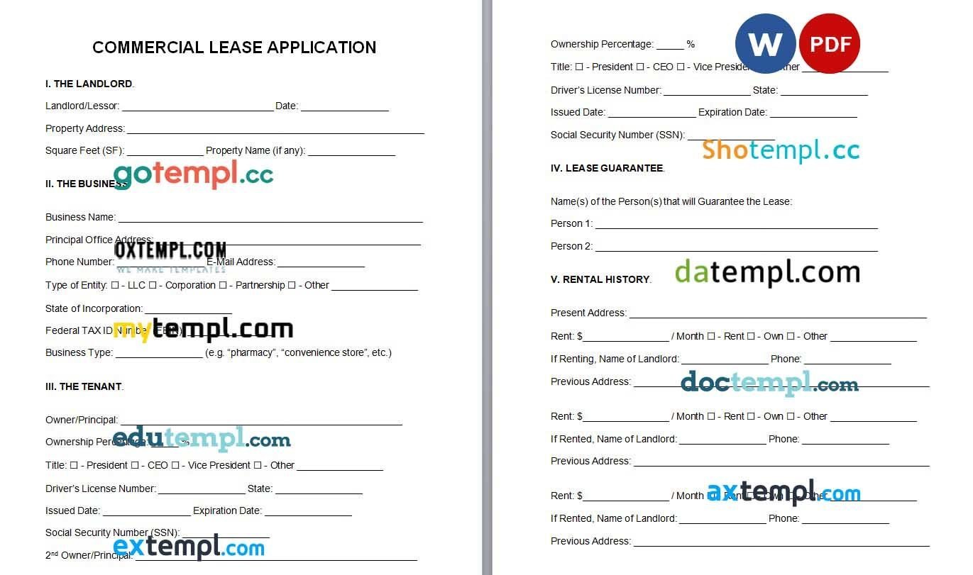 Commercial Lease Application Word example, completely editable
