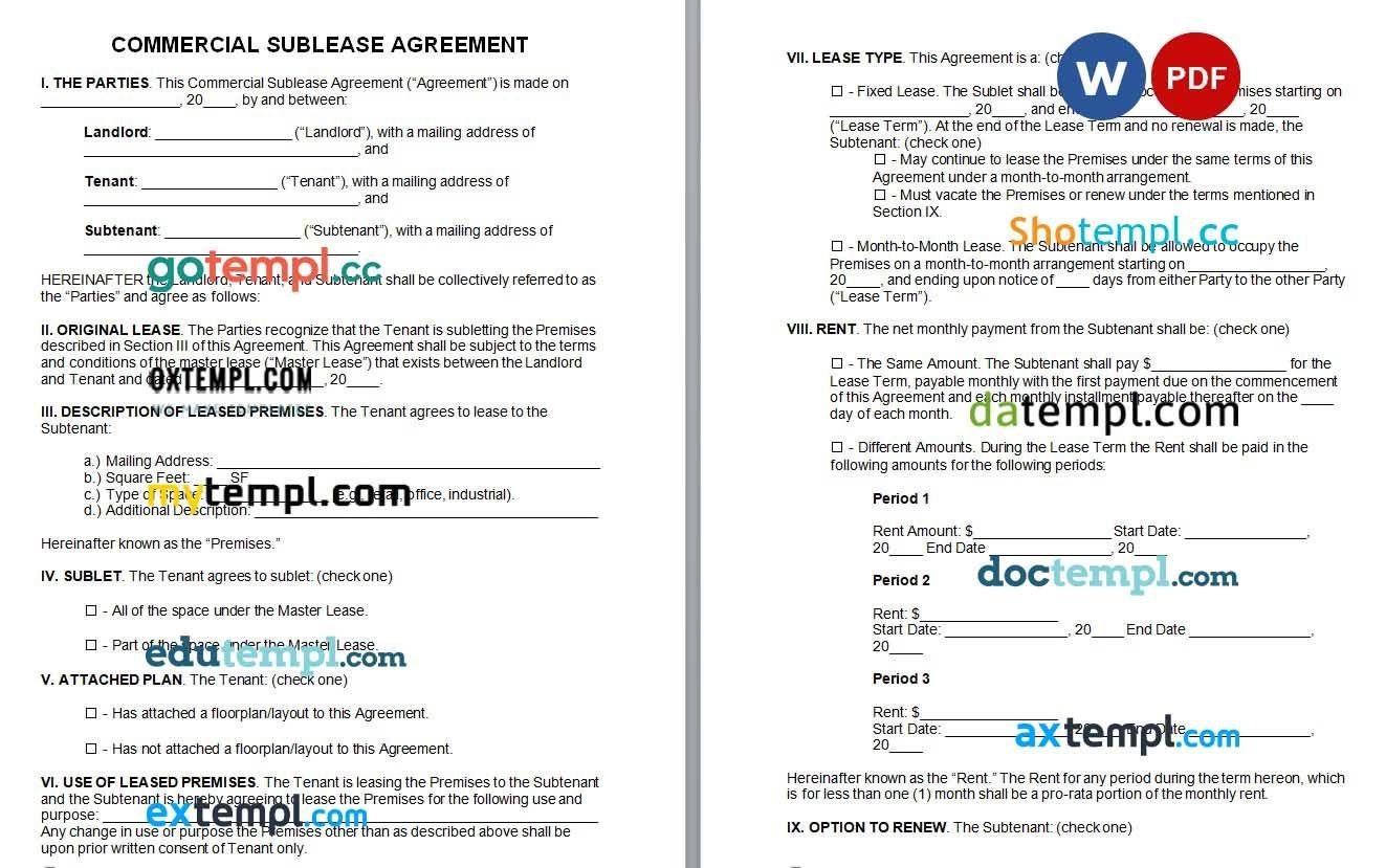 Commercial Sublease Agreement Word example, fully editable