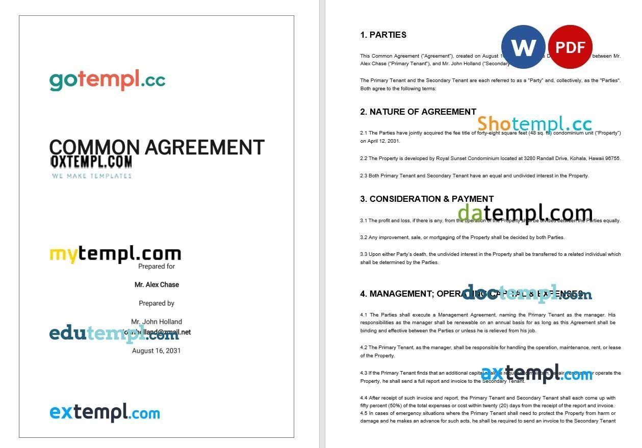 Common Agreement Word example, fully editable