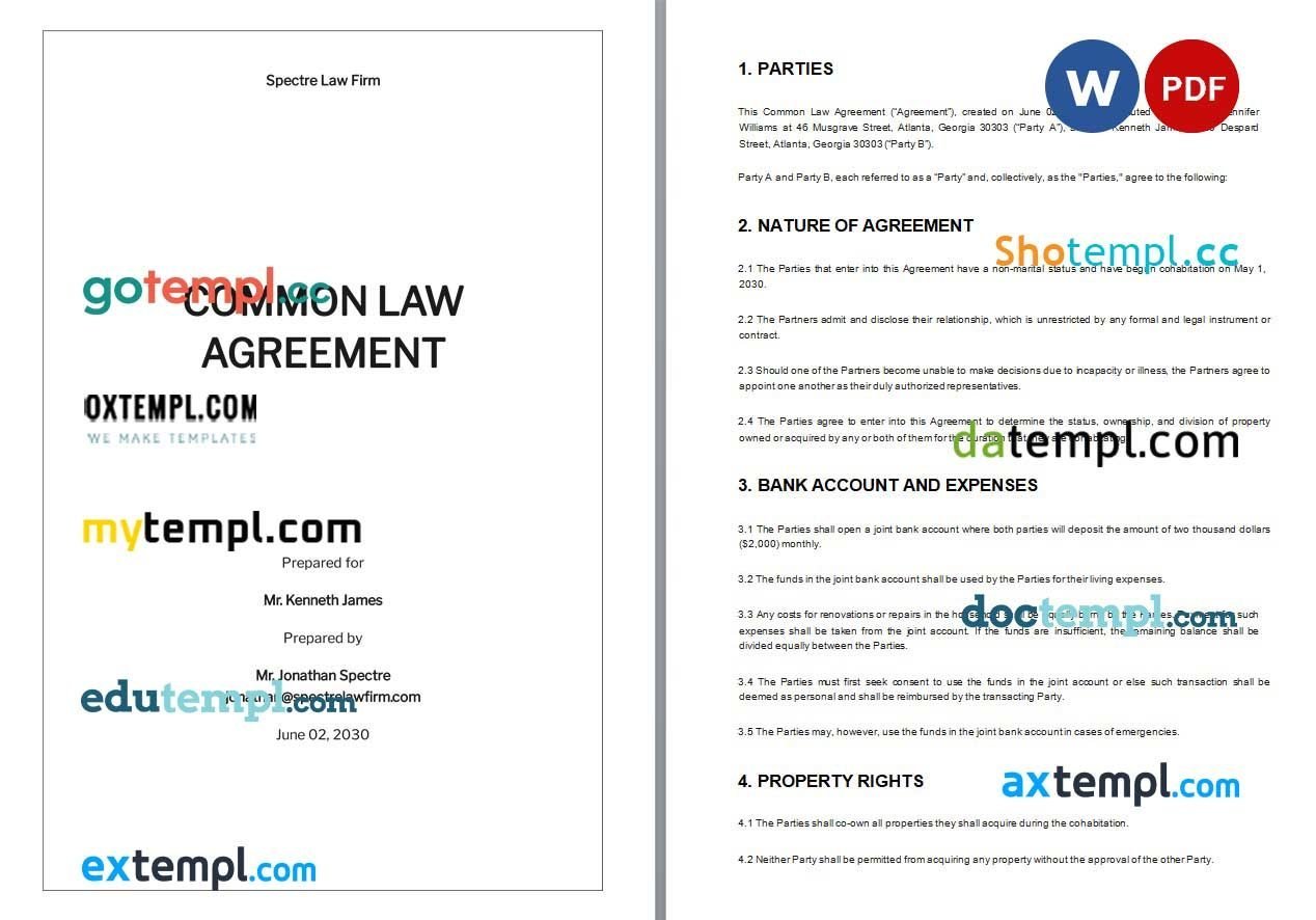 Common Law Agreement Word example, fully editable