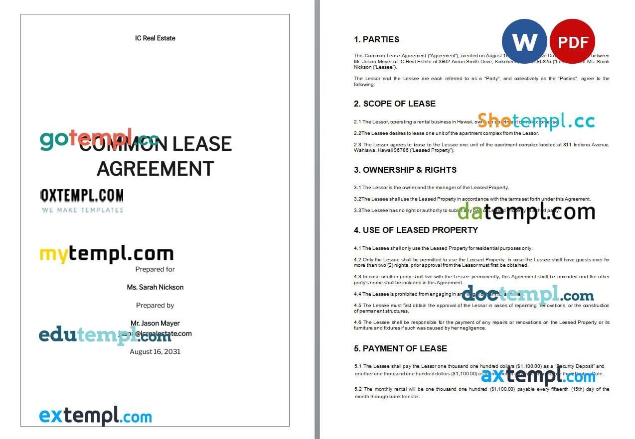 Common Lease Agreement Word example, fully editable