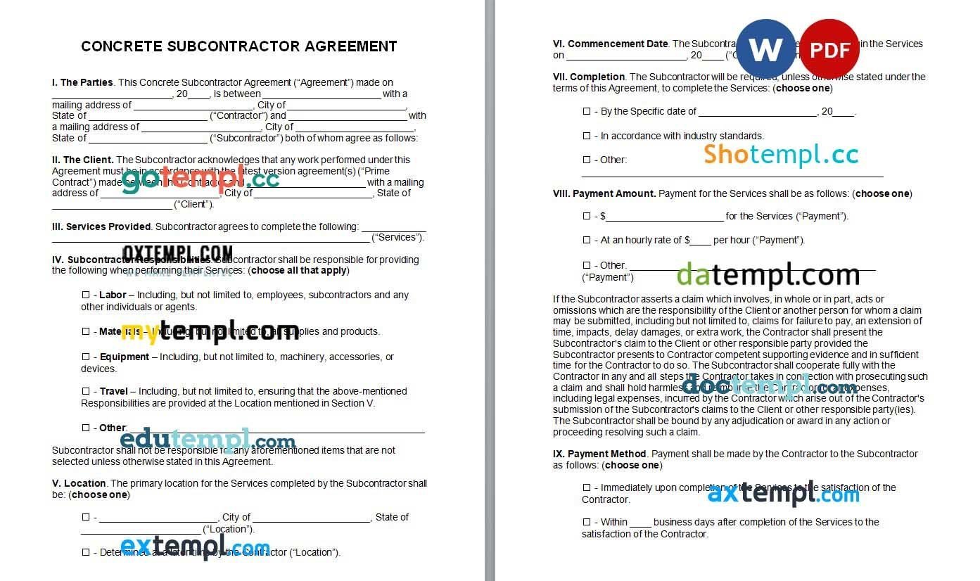 Concrete Subcontractor Agreement Word example, fully editable