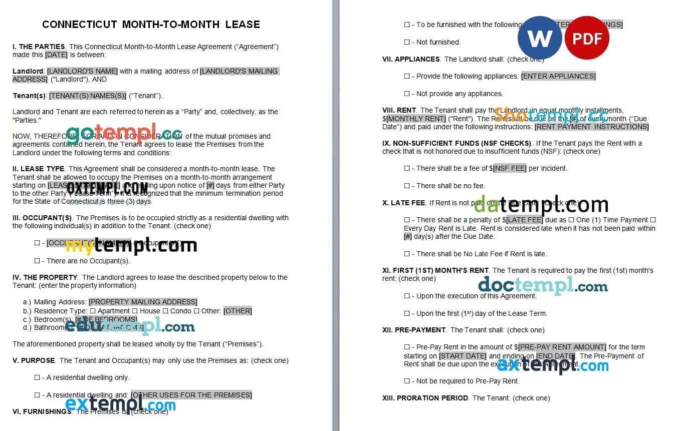 Connecticut Month to Month Rental Agreement Word example, fully editable