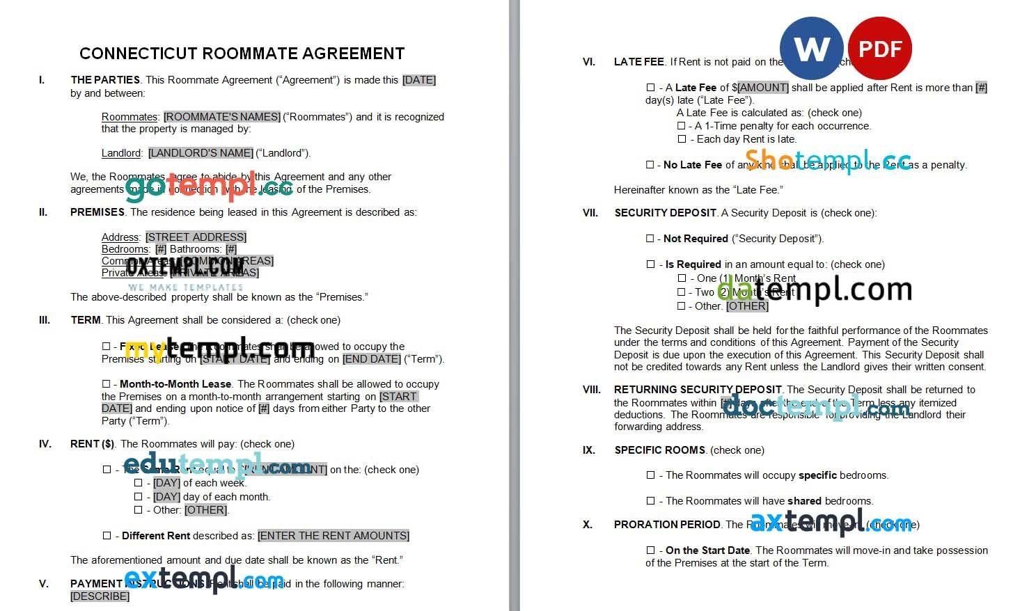 Connecticut Roommate Agreement Word example, fully editable