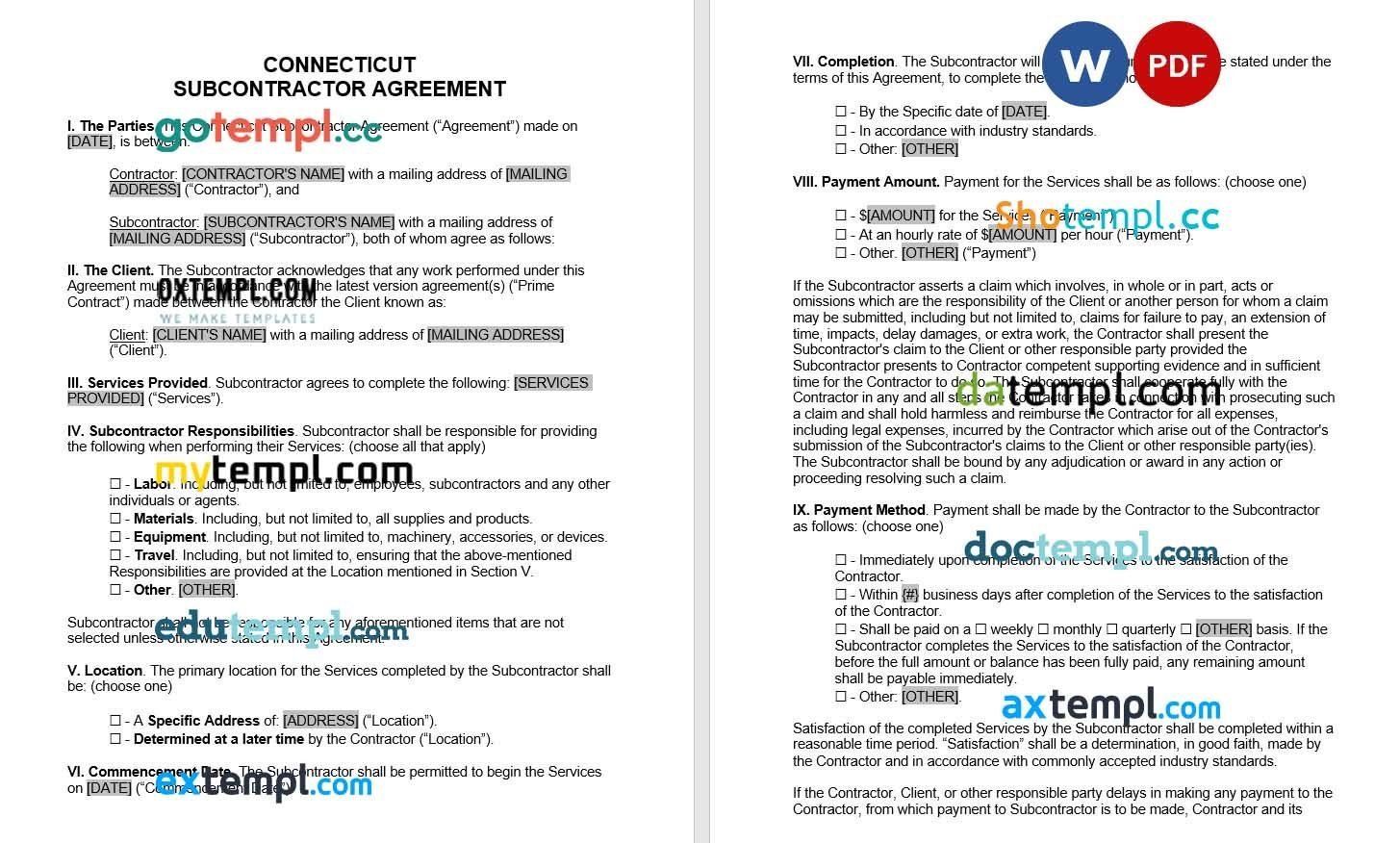 Connecticut Subcontractor Agreement Word example, fully editable