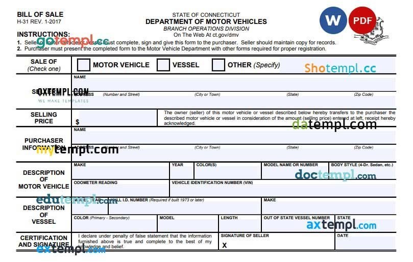 Connecticut Vehicle Vessel Bill of Sale Form example, fully editable