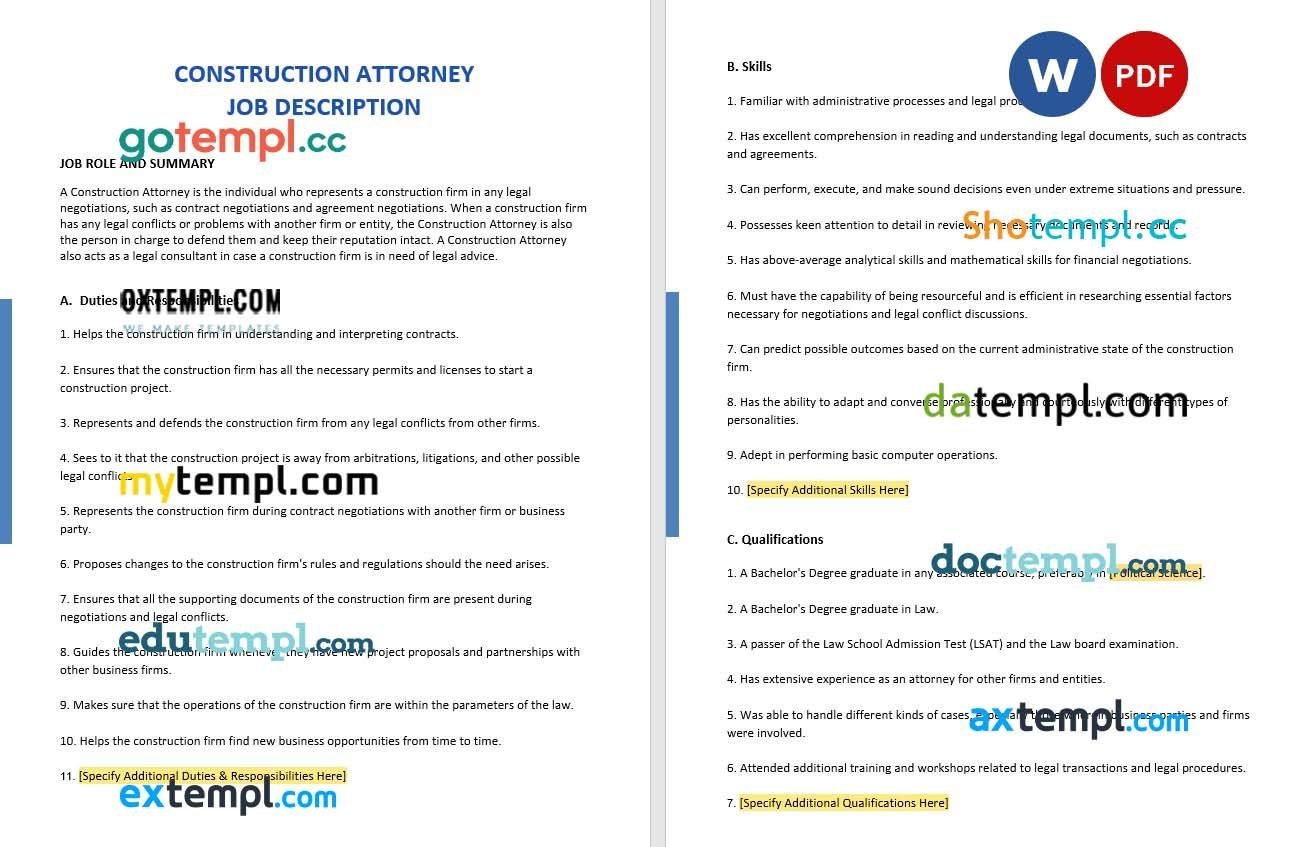 Construction Attorney Job Ad and Description example, fully editable