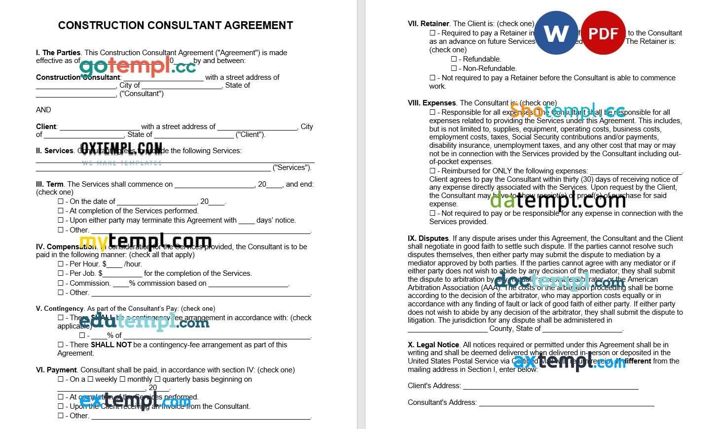 Construction Consultant Agreement Word example, fully editable