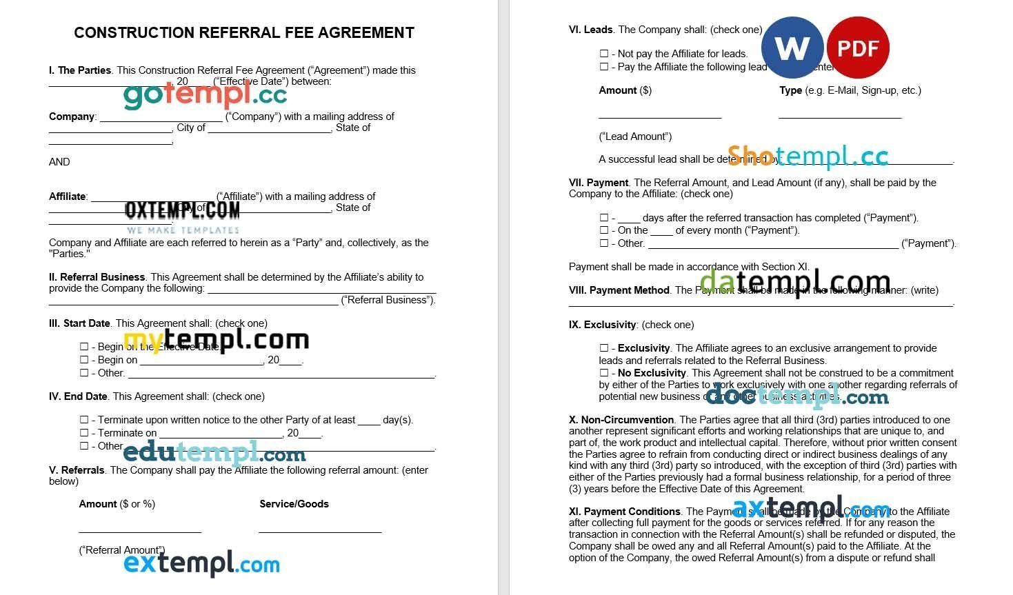 Construction Referral Fee Agreement Word example, fully editable