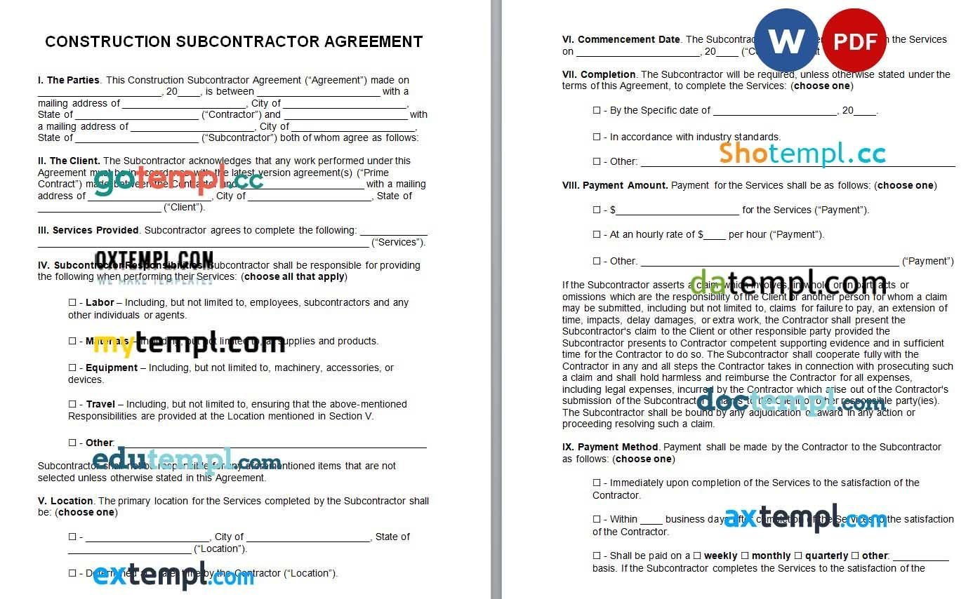 Construction Subcontractor Agreement Word example, fully editable