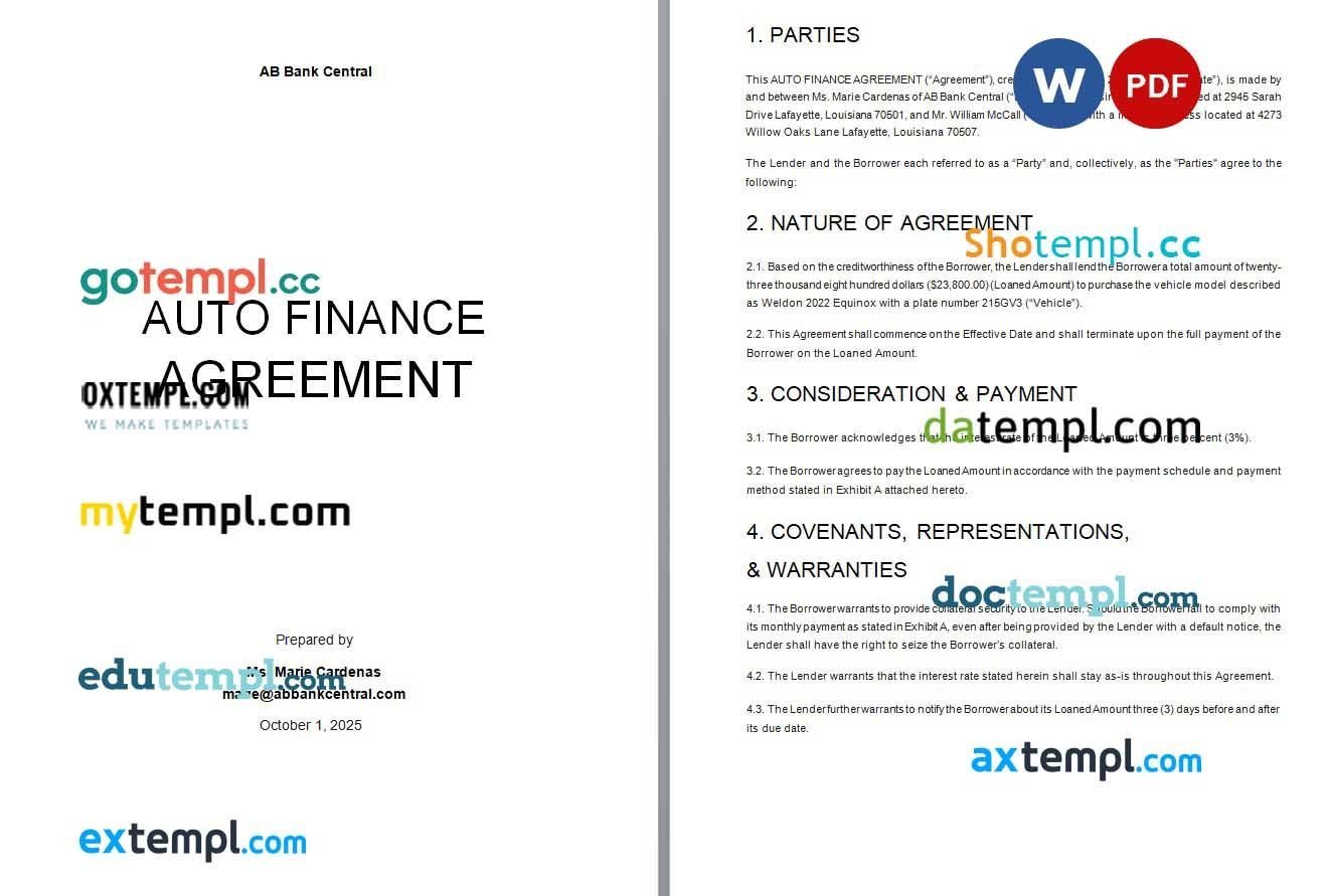 Copy of Auto Finance Agreement Word example, completely editable