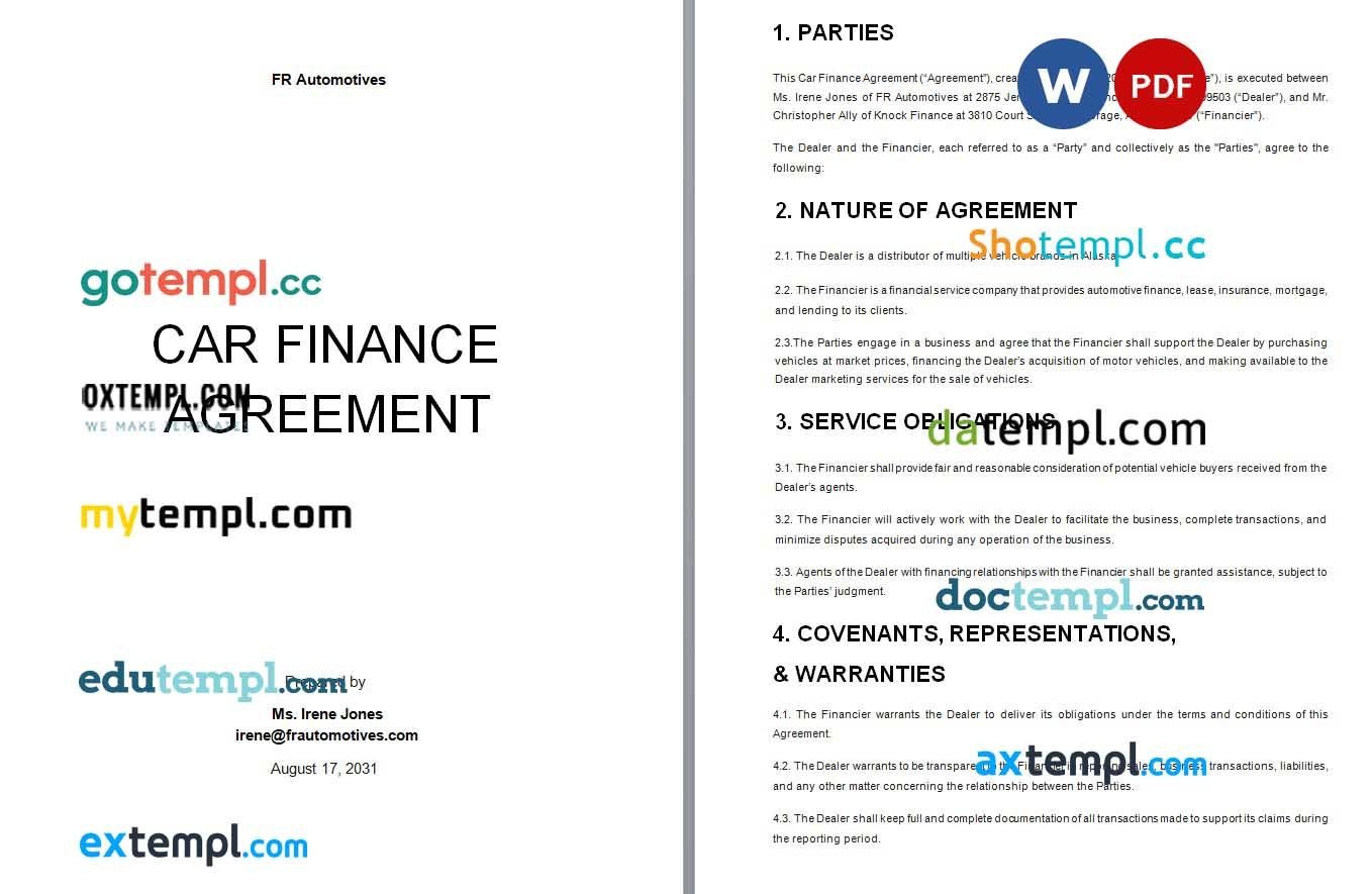 Copy of Car Finance Agreement Word example, fully editable