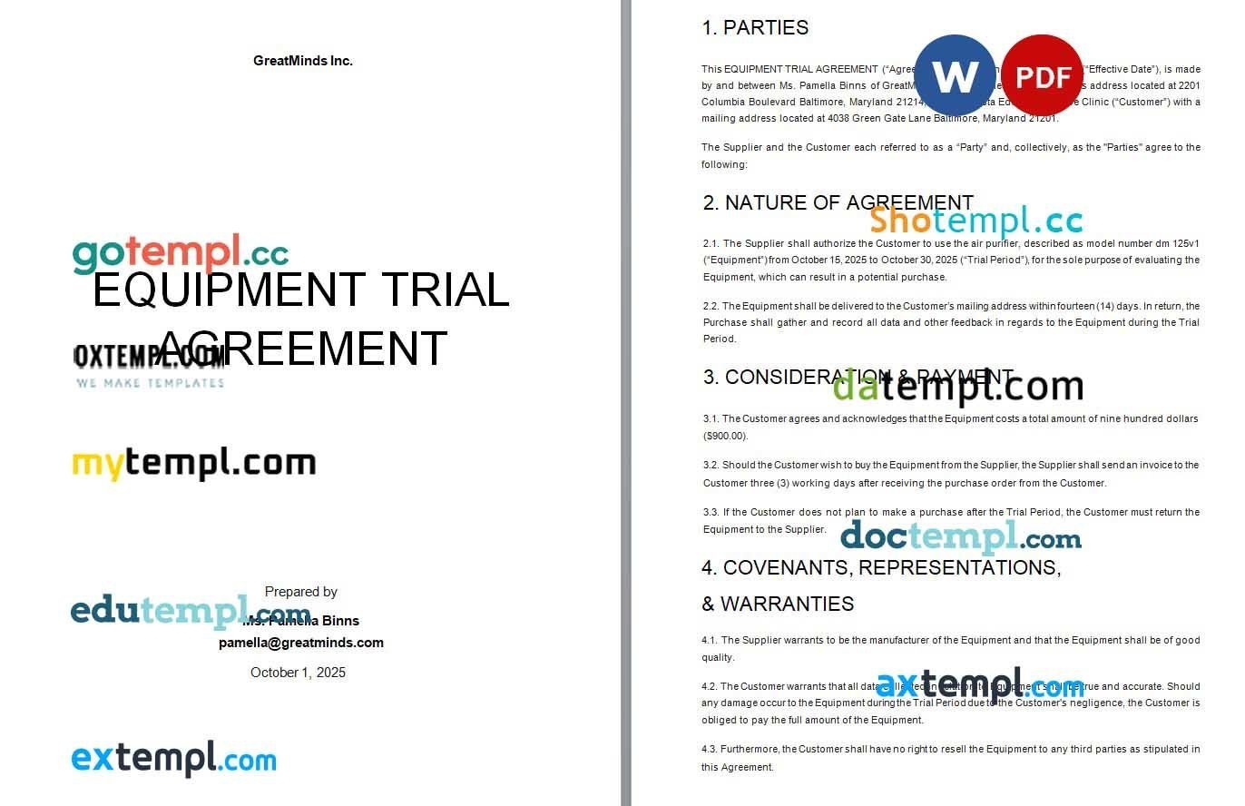Copy of Equipment Trial Agreement Word example, fully editable
