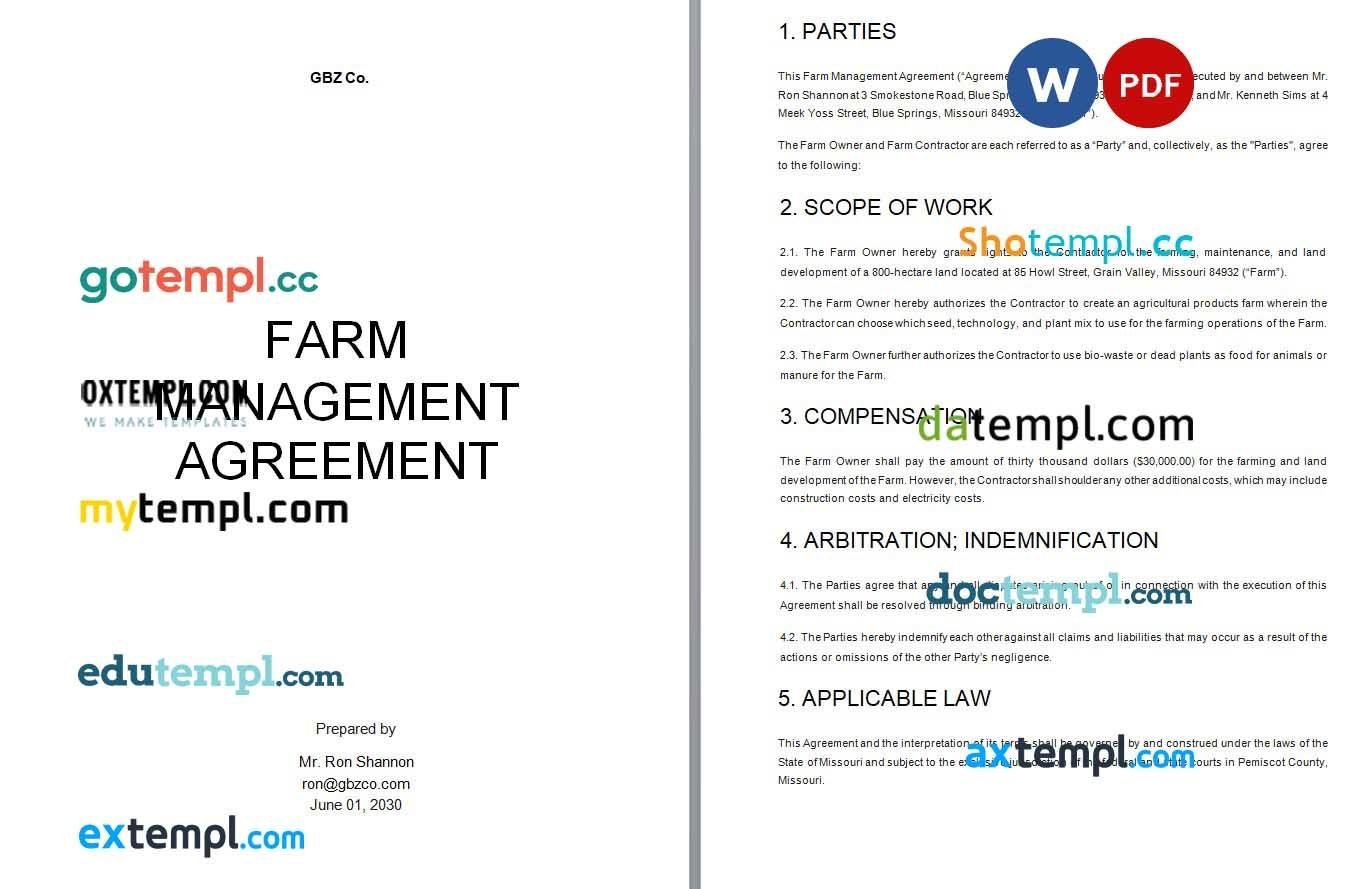 Copy of Farm Management Agreement Word example, fully editable
