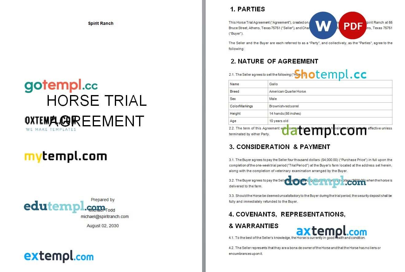 Copy of Horse Trial Agreement Word example, fully editable