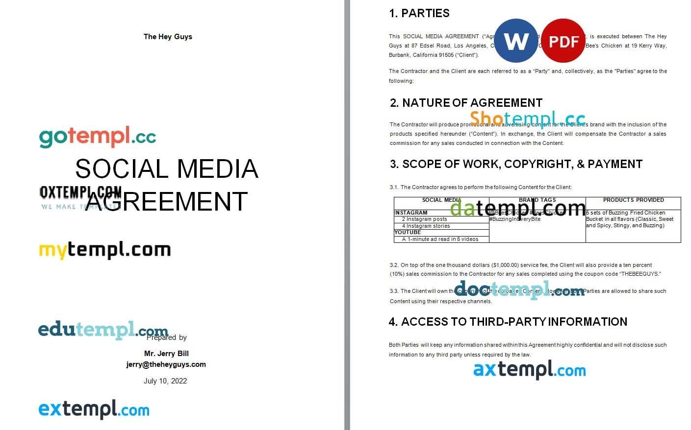 Copy of Social Media Agreement Word example, fully editable