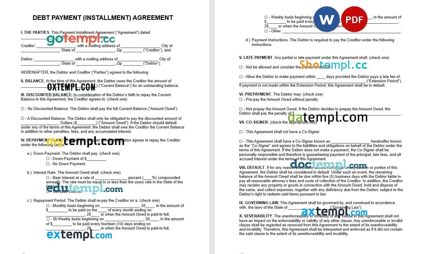 Debt Payment Installment Agreement Word example, fully editable