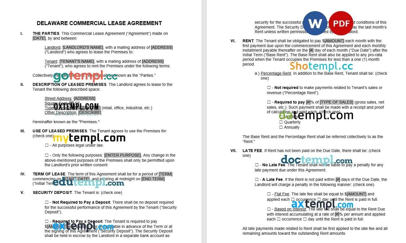 Delaware Commercial Lease Agreement Word example, fully editable
