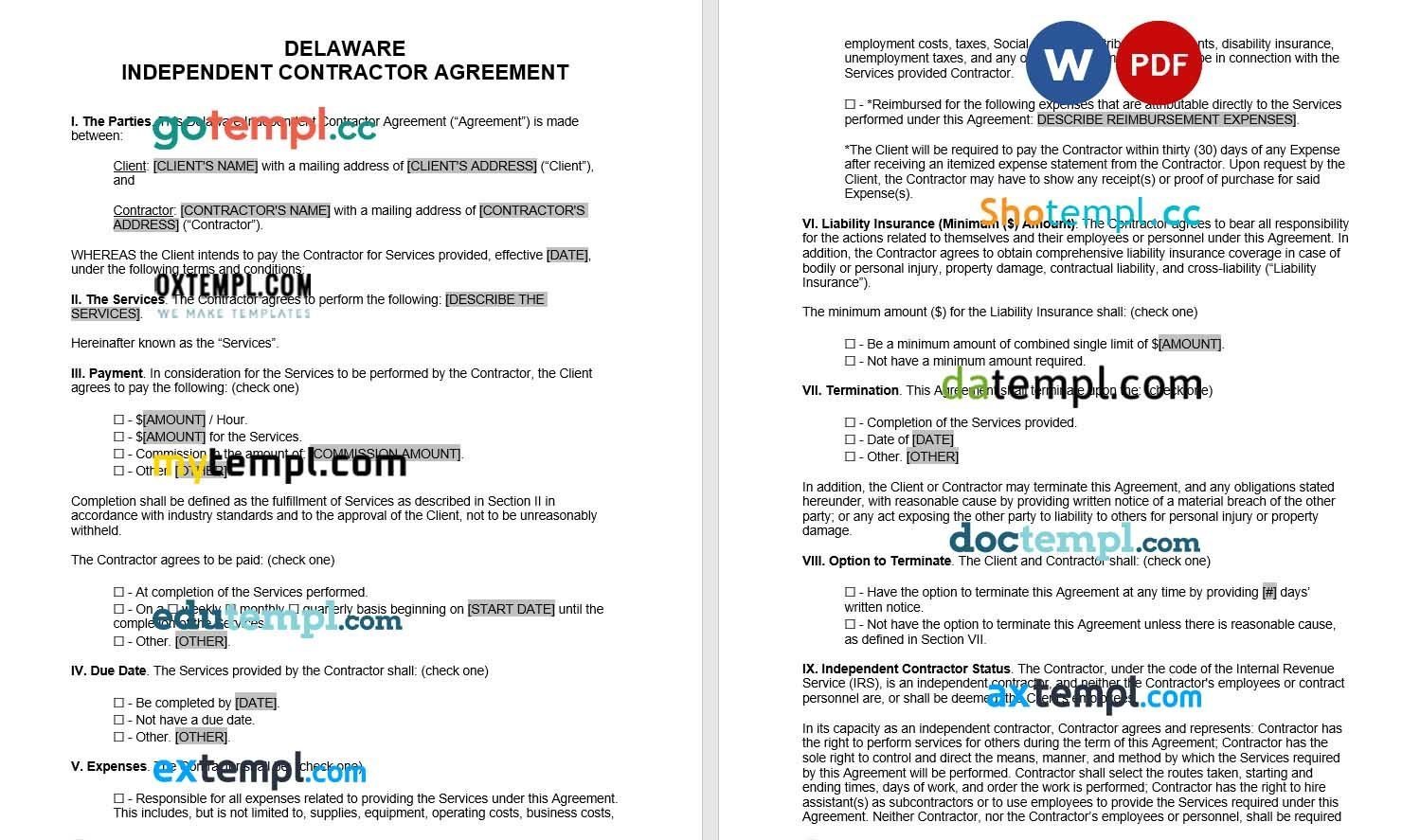 Delaware Independent Contractor Agreement Word example, fully editable