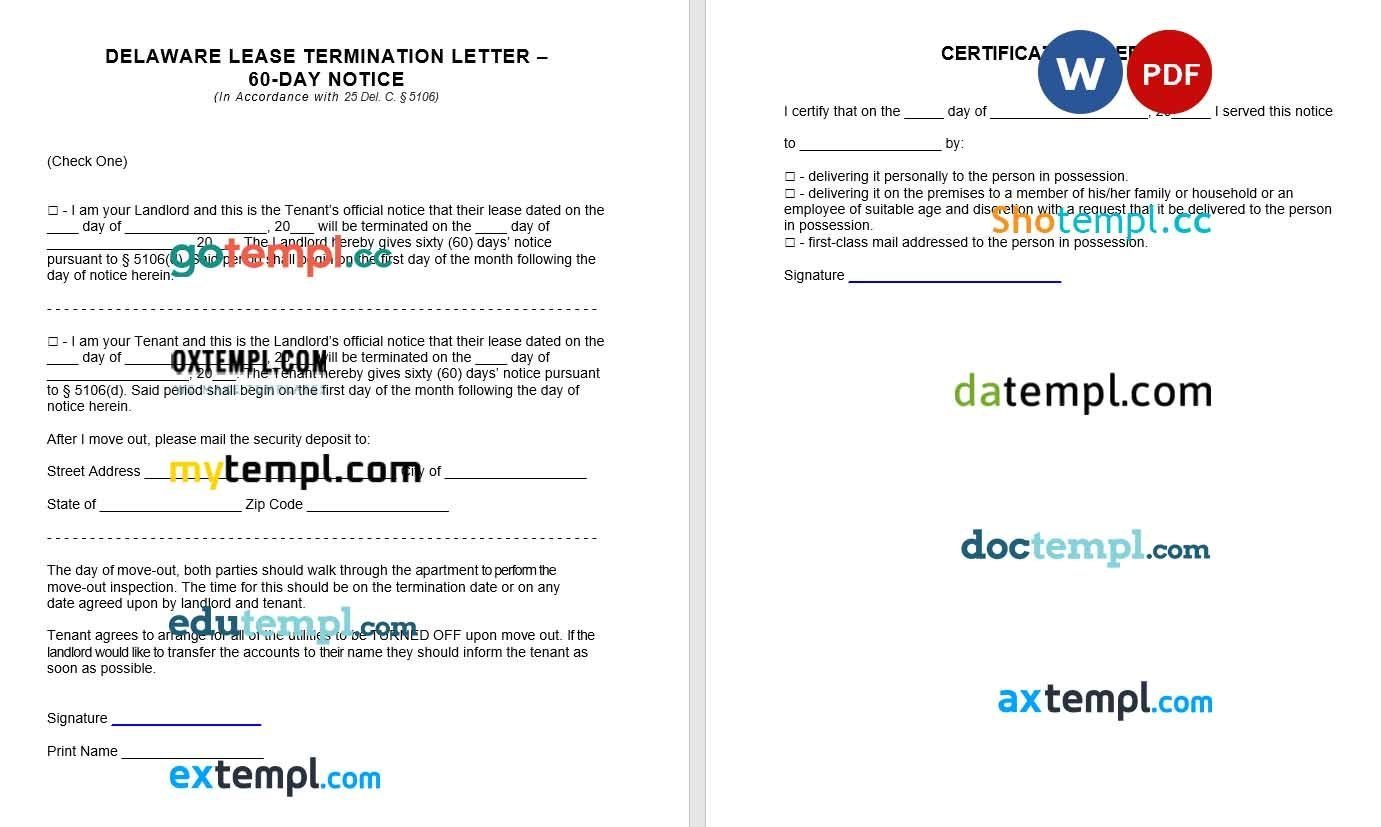 Delaware Lease Termination letter word example, fully editable
