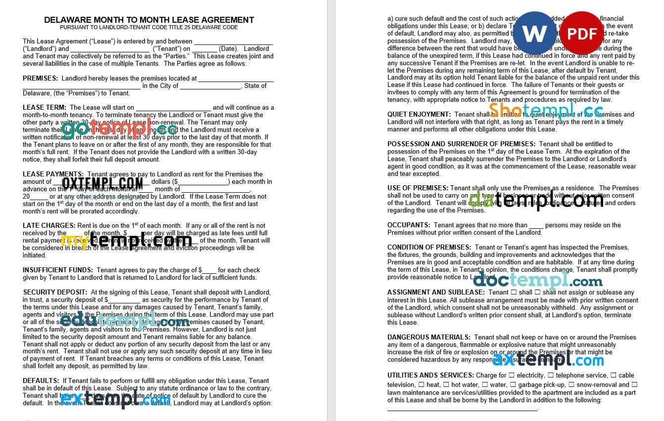 Delaware Month to Month Rental Agreement Word example, fully editable