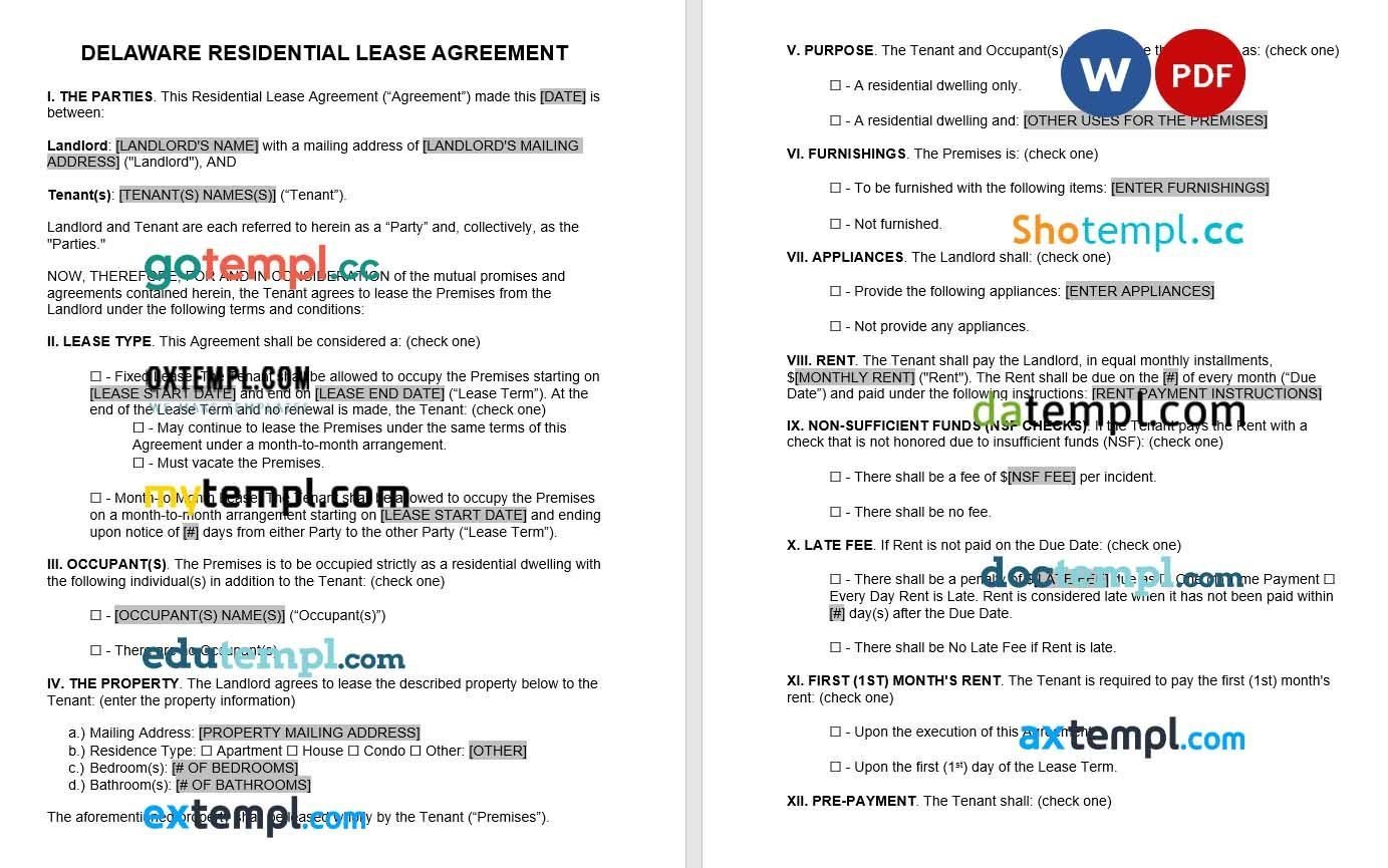 Delaware Standard Lease Agreement Word example, fully editable