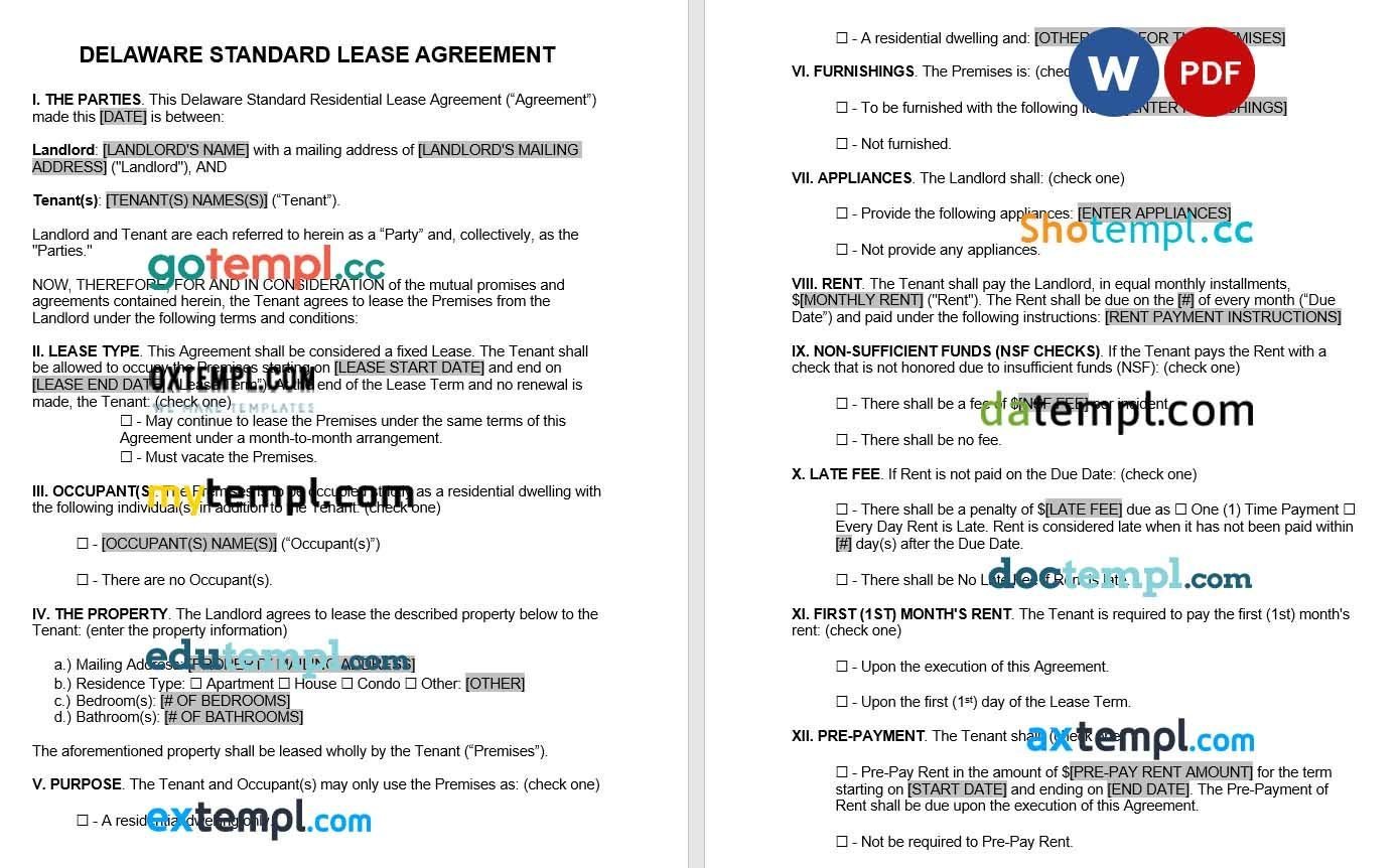 Delaware Standard Residential Lease Agreement Word example, fully editable