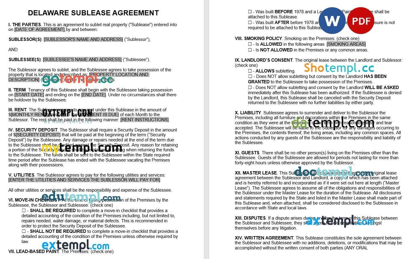 Delaware Sublease Agreement Word example, fully editable