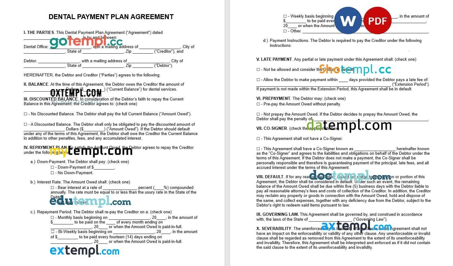 Dental Payment Plan Agreement Word example, fully editable