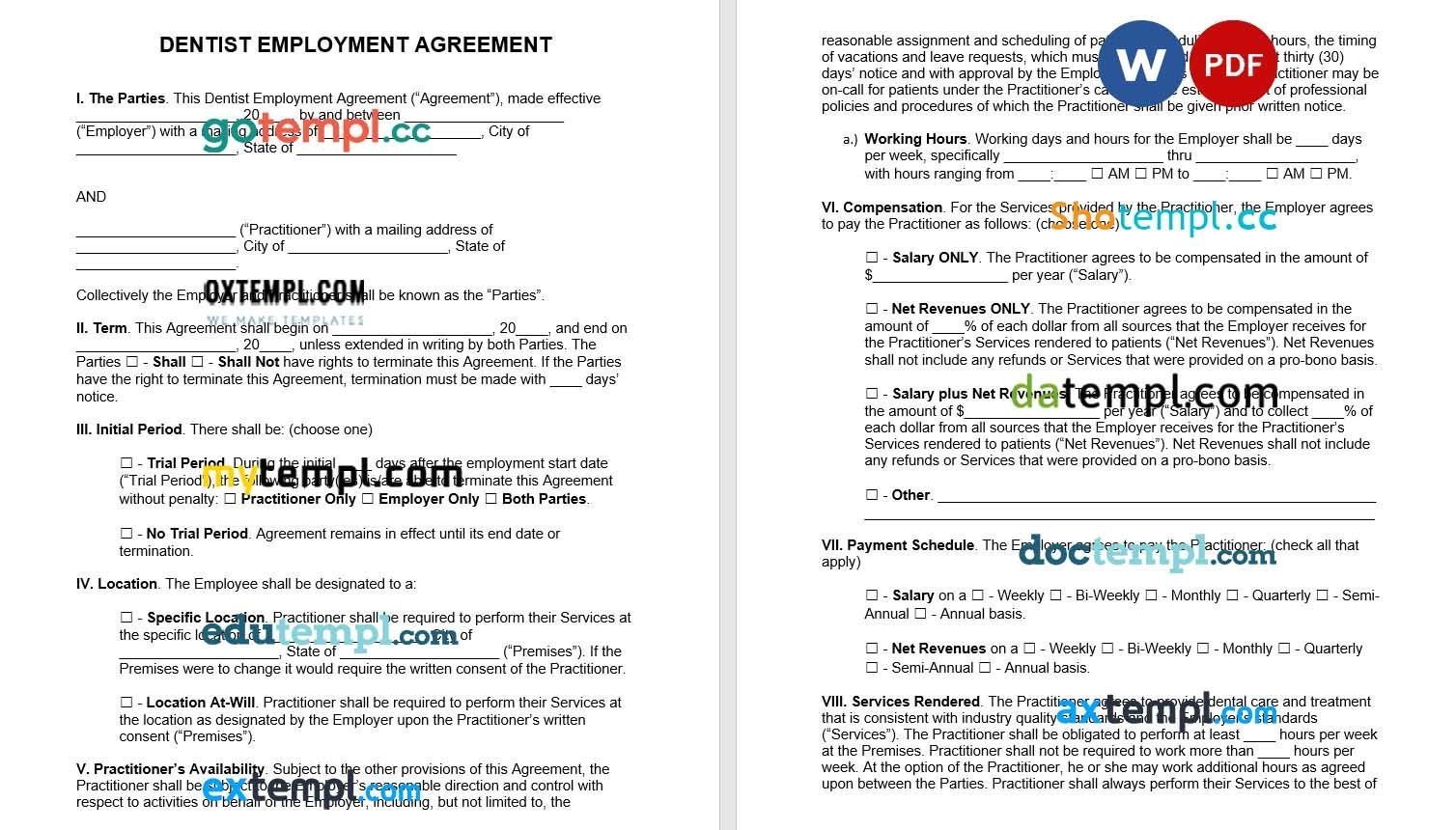 Dentist Employment Agreement Word example, fully editable