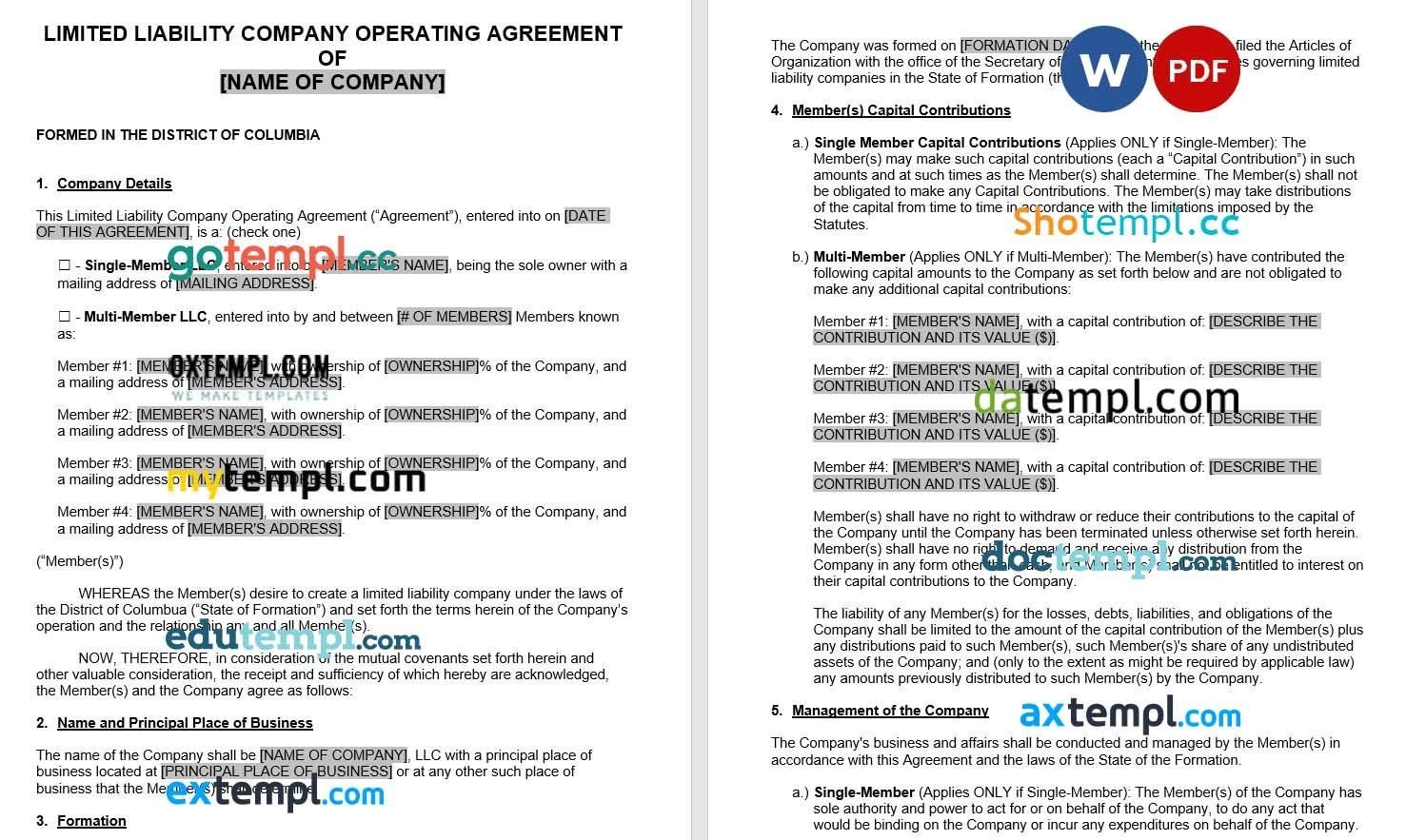 District of Columbia LLC Operating Agreement Word example, fully editable