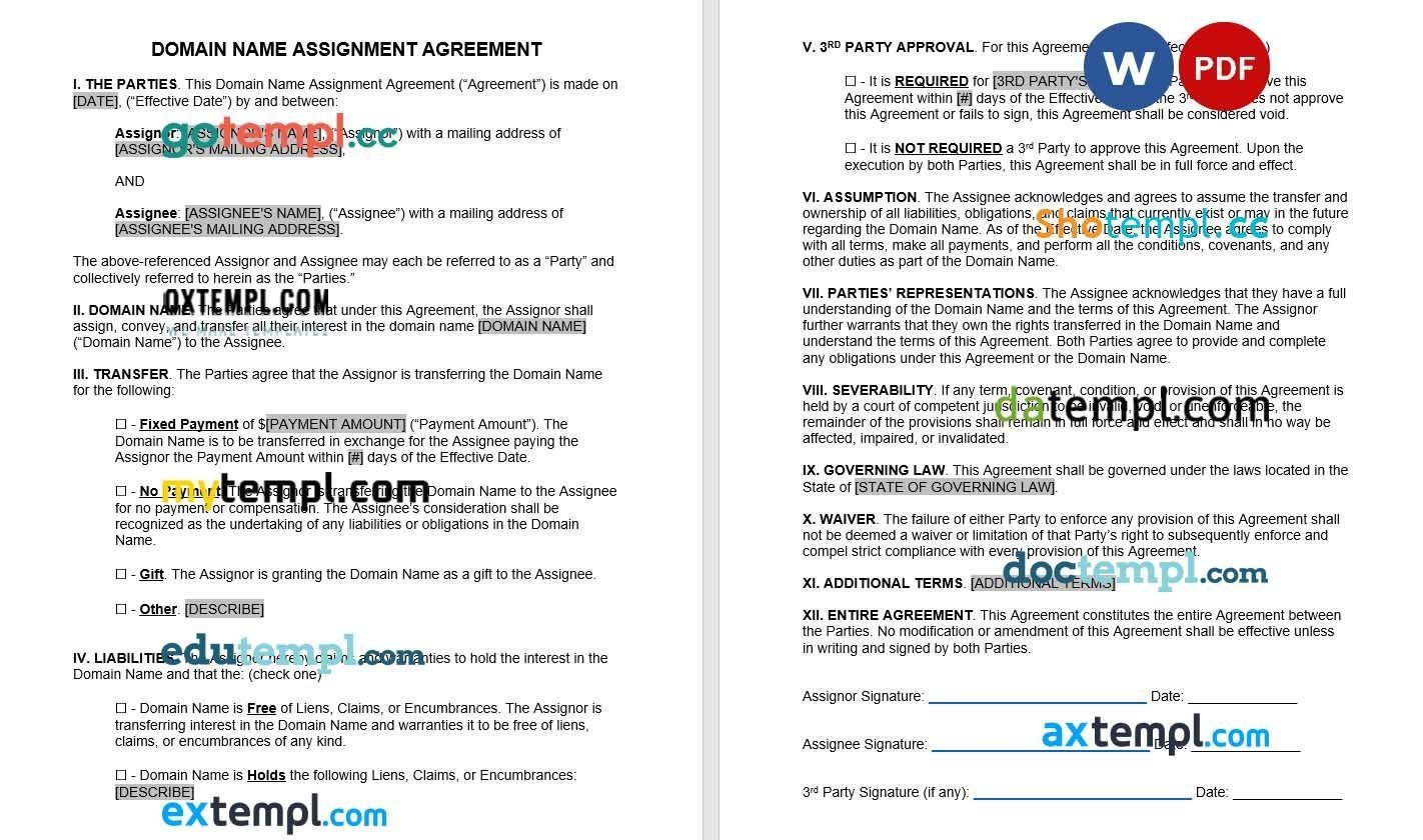 Domain Name Assignment Agreement Word example, fully editable