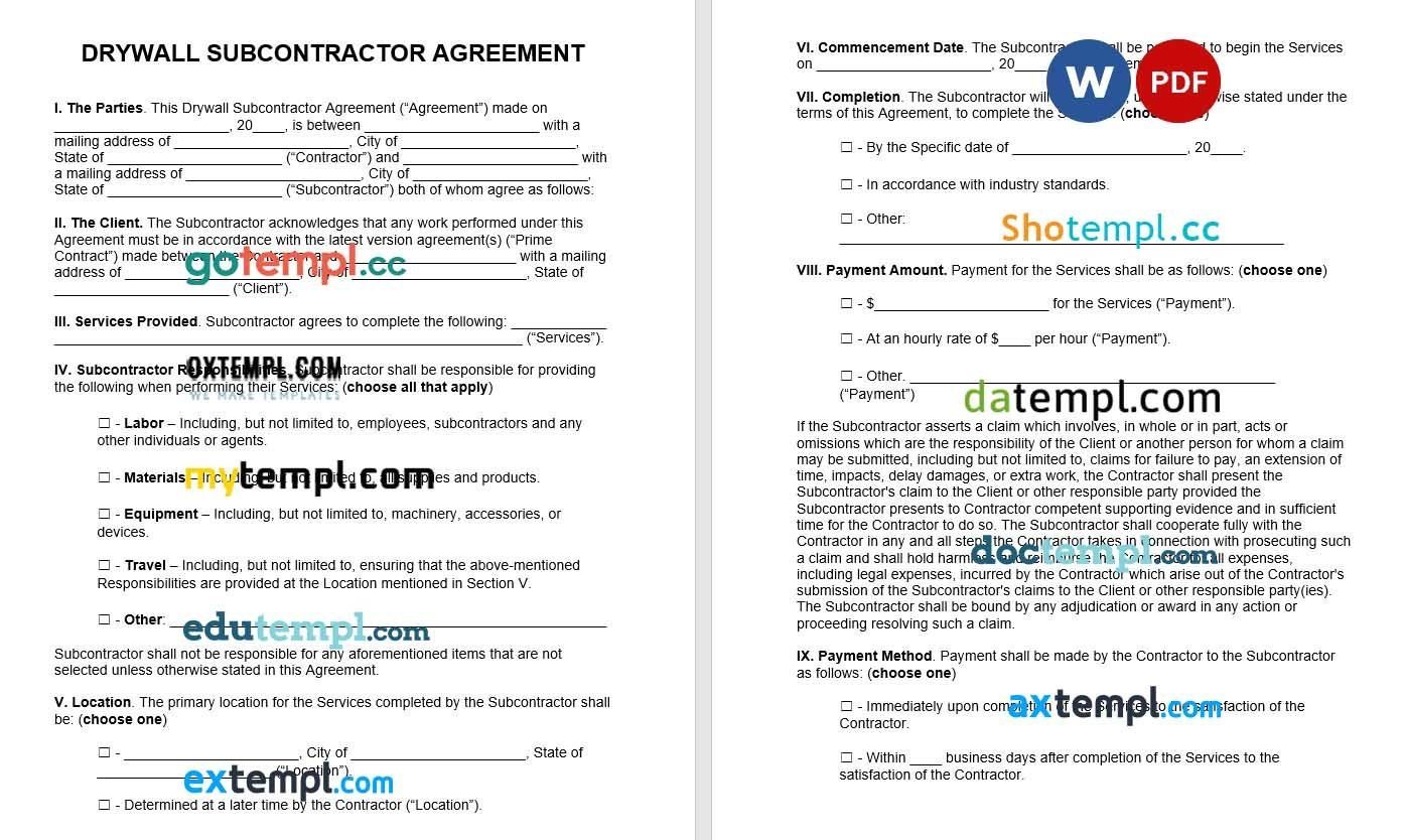 Drywall Subcontractor Agreement Word example, fully editable