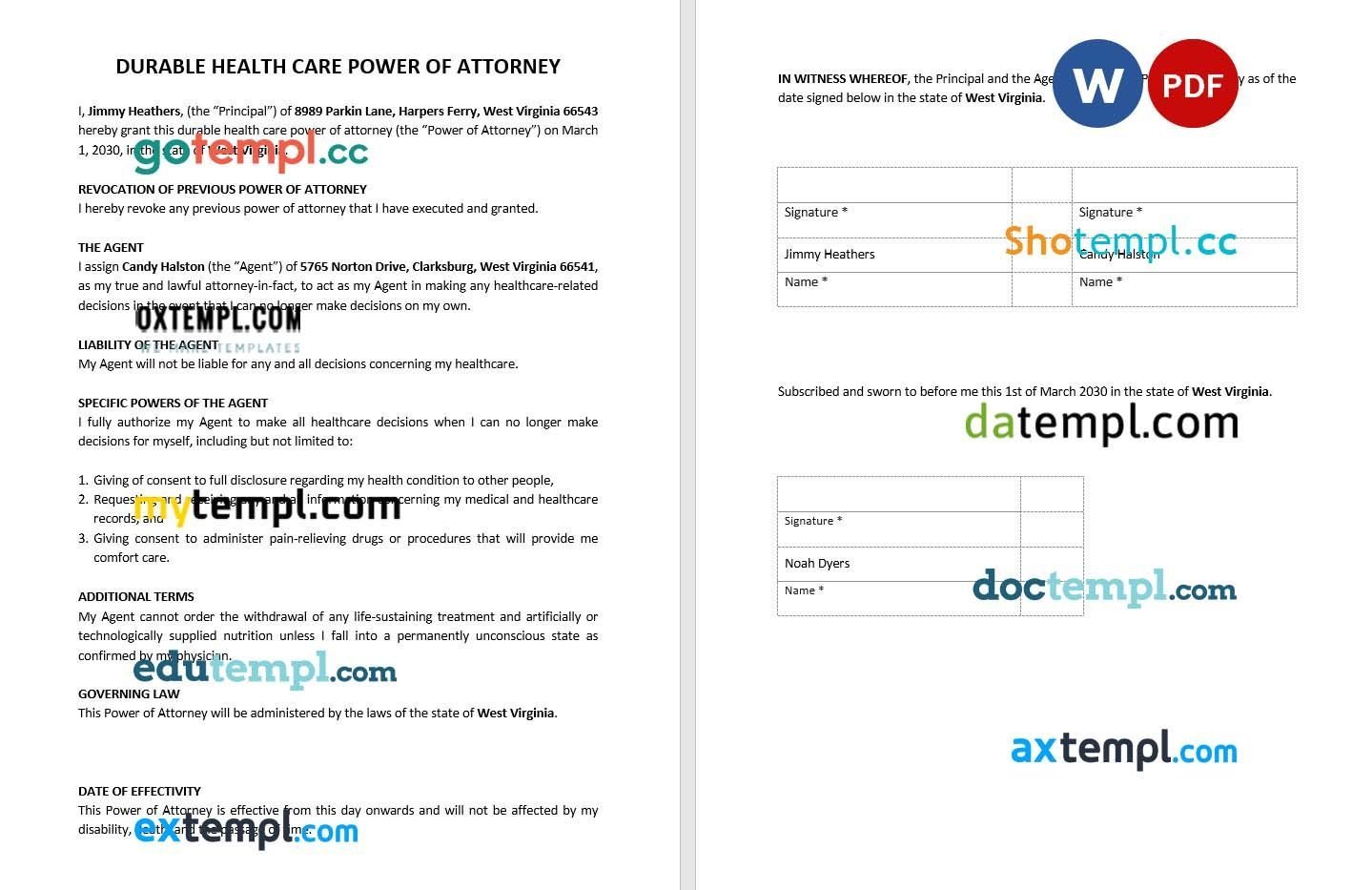 Durable Health Care Power of Attorney example, fully editable