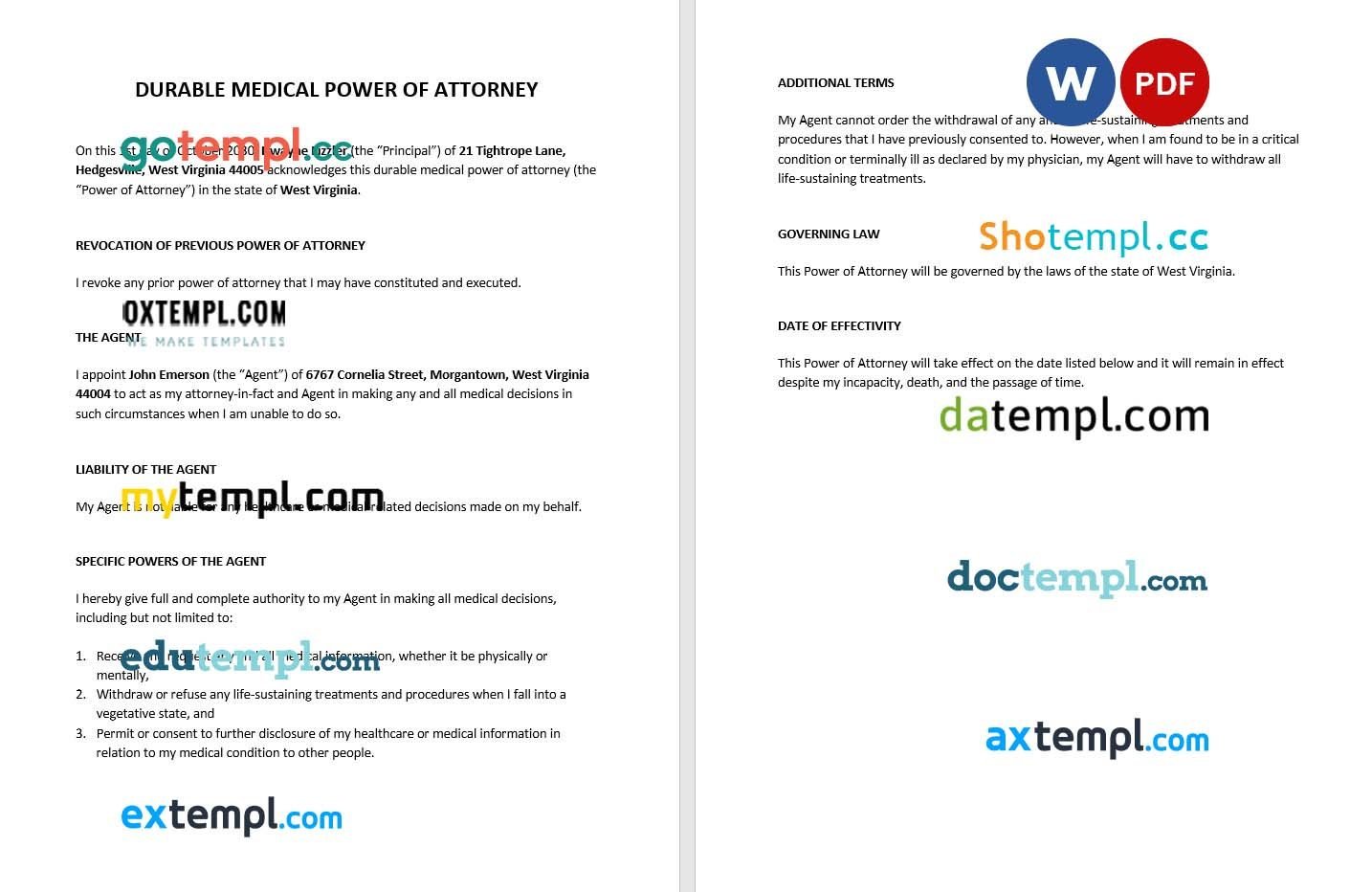 Durable Medical Power of Attorney example, fully editable