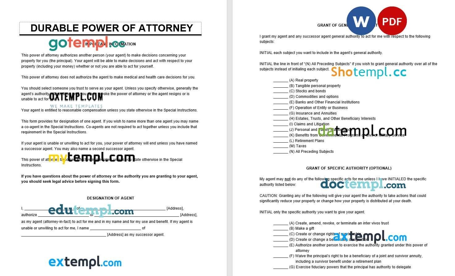 Durable Power of Attorney example, fully editable