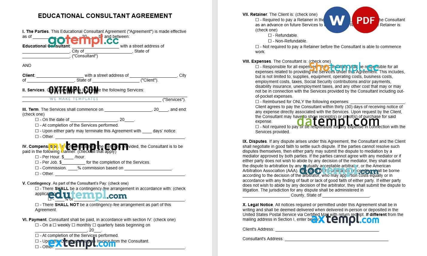 Educational Consultant Agreement word example, fully editable