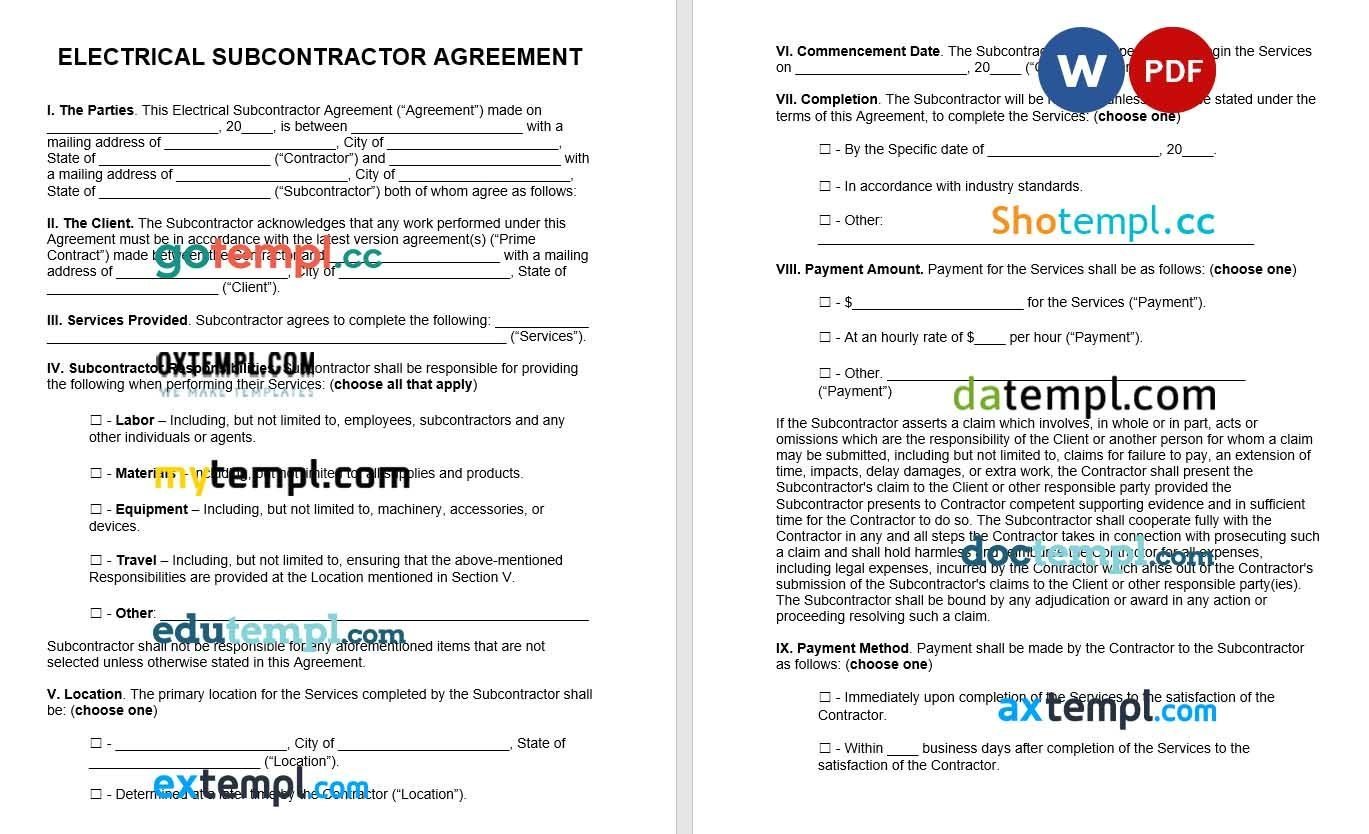 Electrical Subcontractor Agreement Word example, fully editable