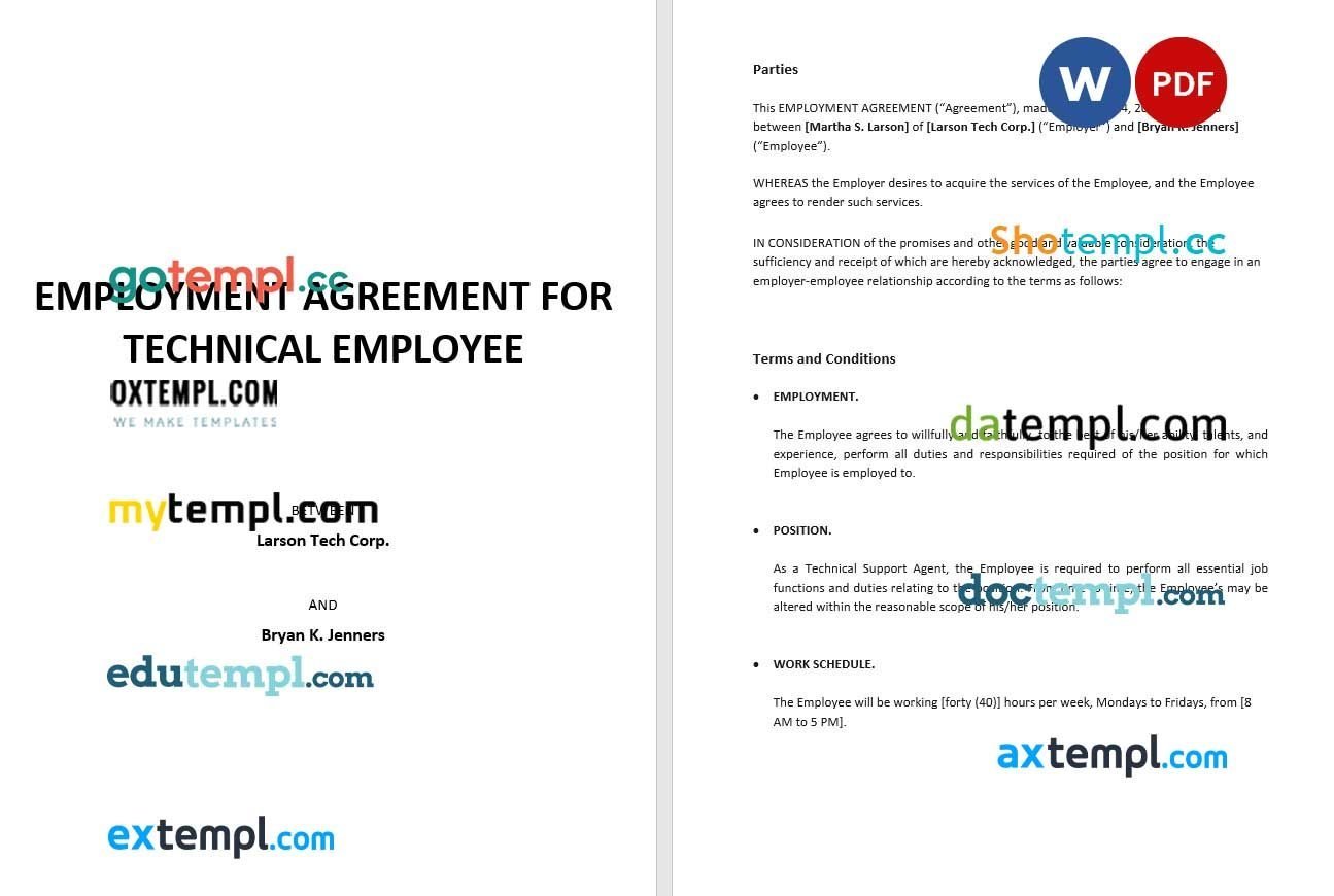 Employment Agreement for Technical Employee Word example, fully editable