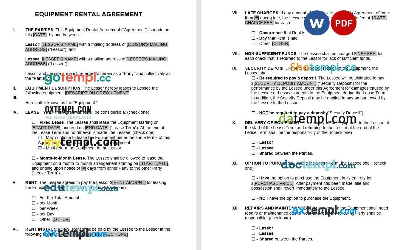Equipment Lease Agreement Word example, fully editable