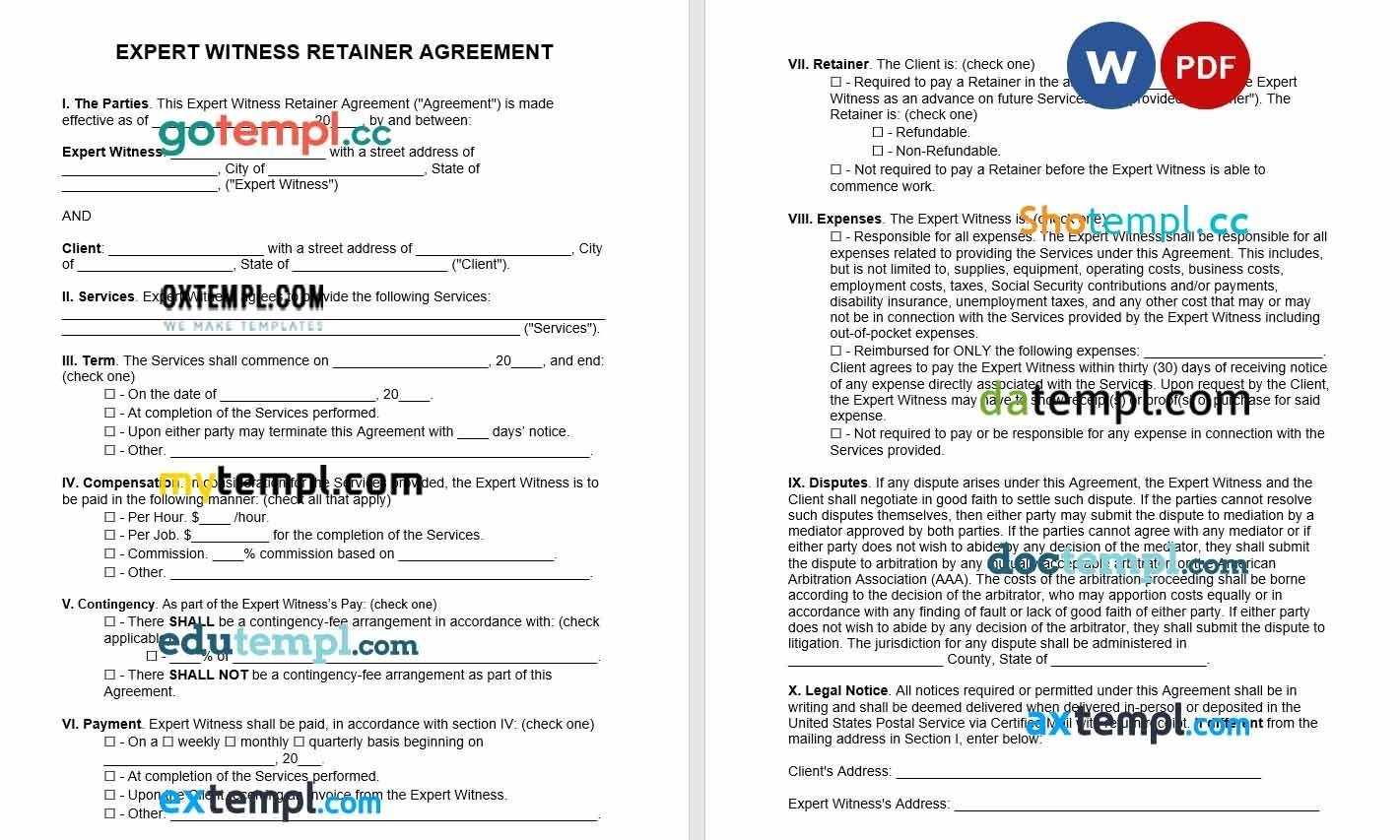 Expert Witness Retainer Agreement Word example, fully editable
