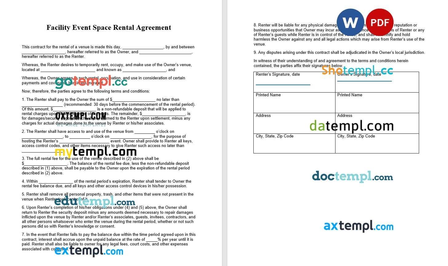 Facility Event Space Rental Agreement Word example, fully editable