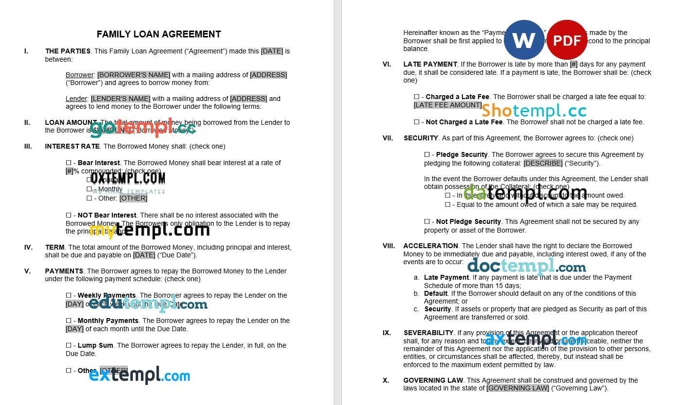 Family Loan Agreement Word example, fully editable