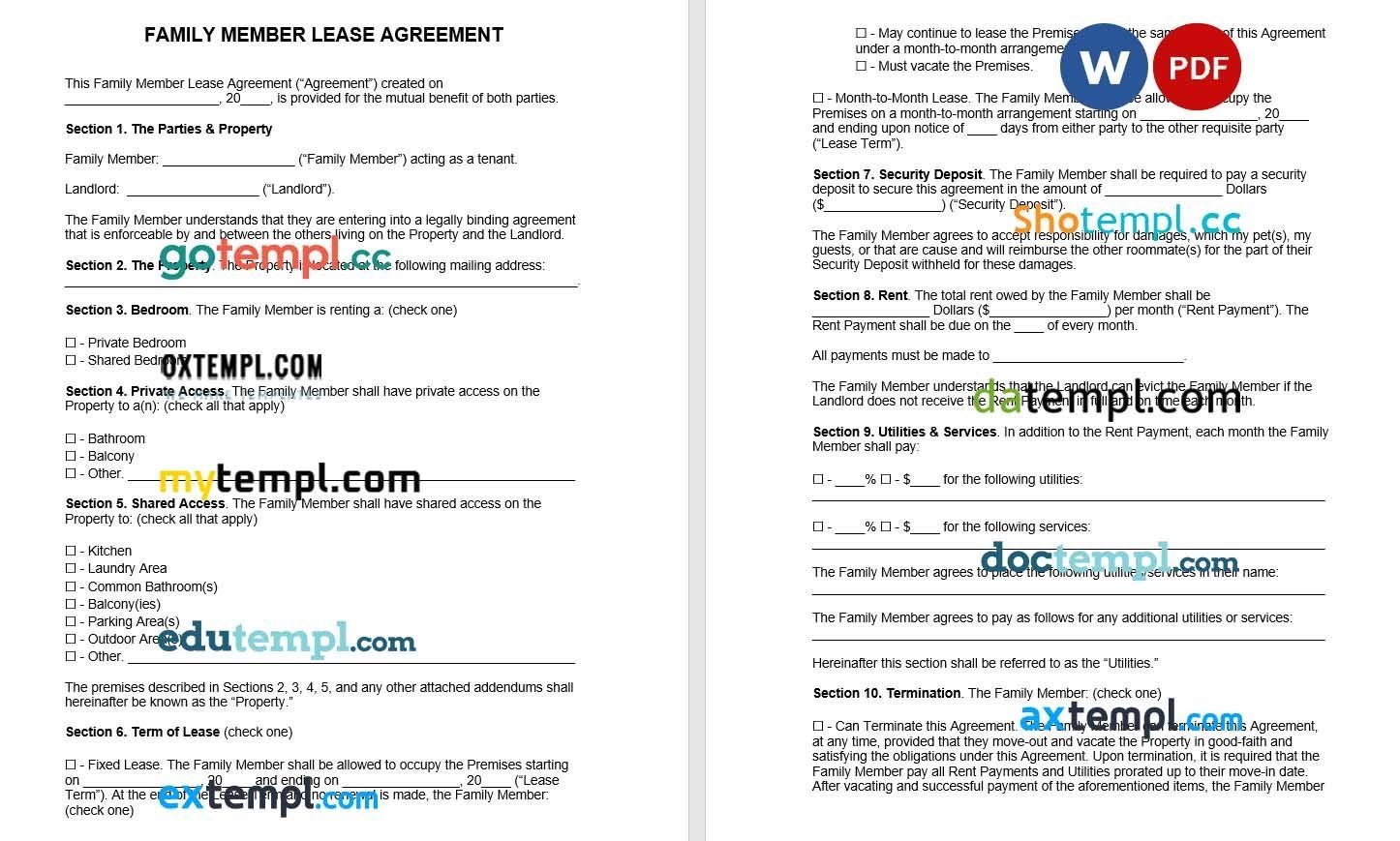 Family Member Lease Agreement Word example, fully editable