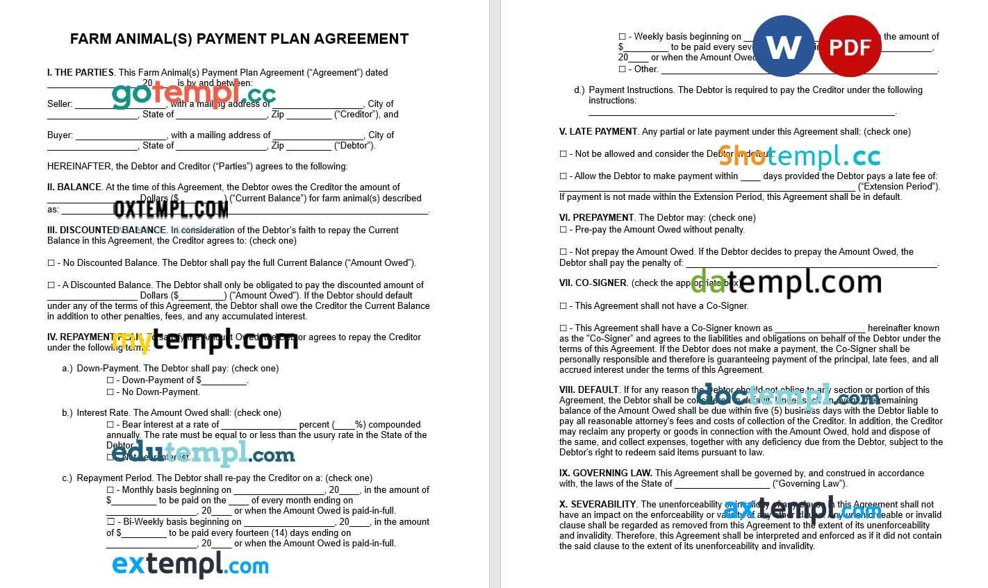 Farm Animal Payment Plan Agreement Word example, fully editable