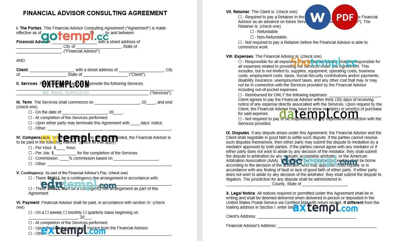 Financial Advisor Consultant Agreement Word example, fully editable